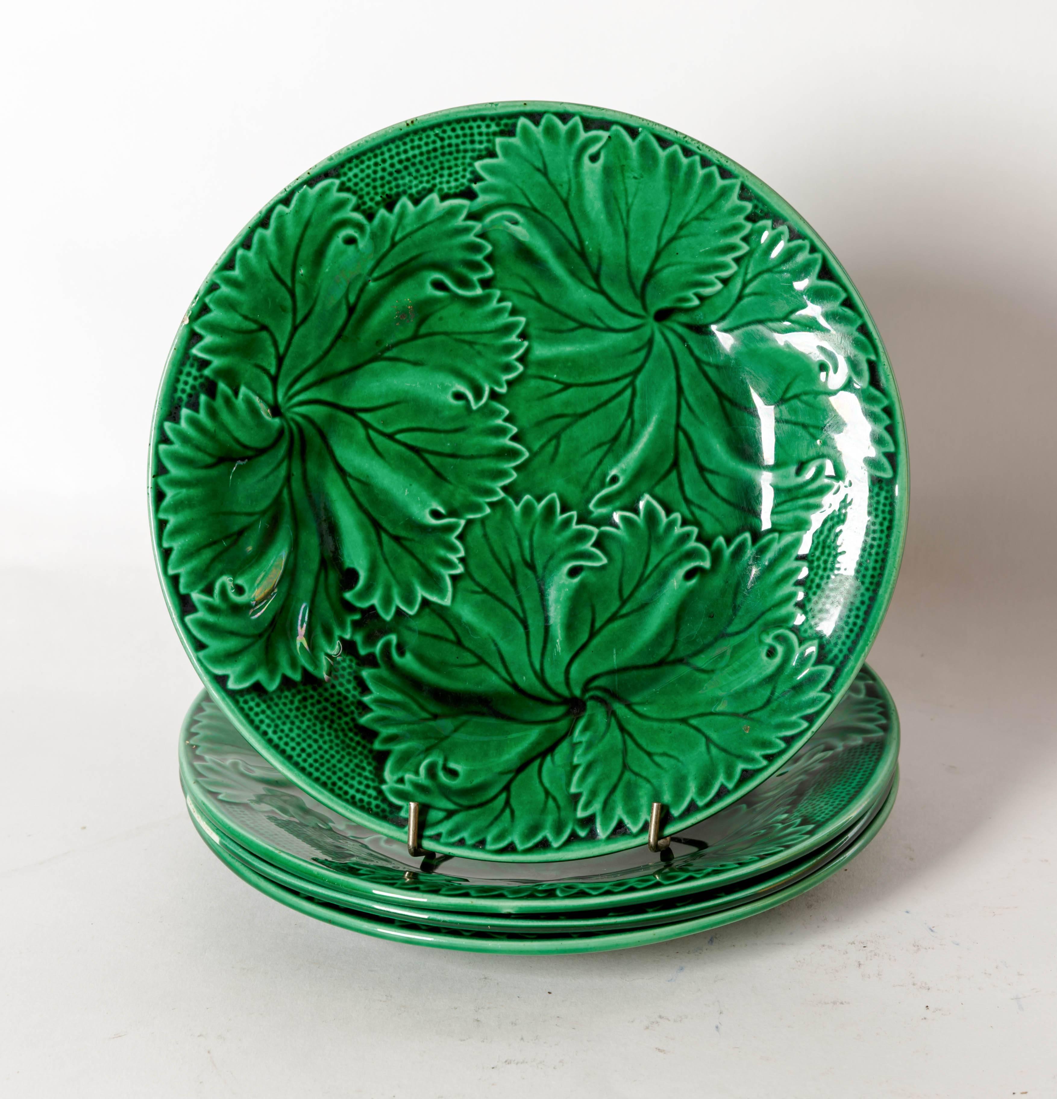 Four French Green Majolica Leaf Pattern Salad Plates 1
