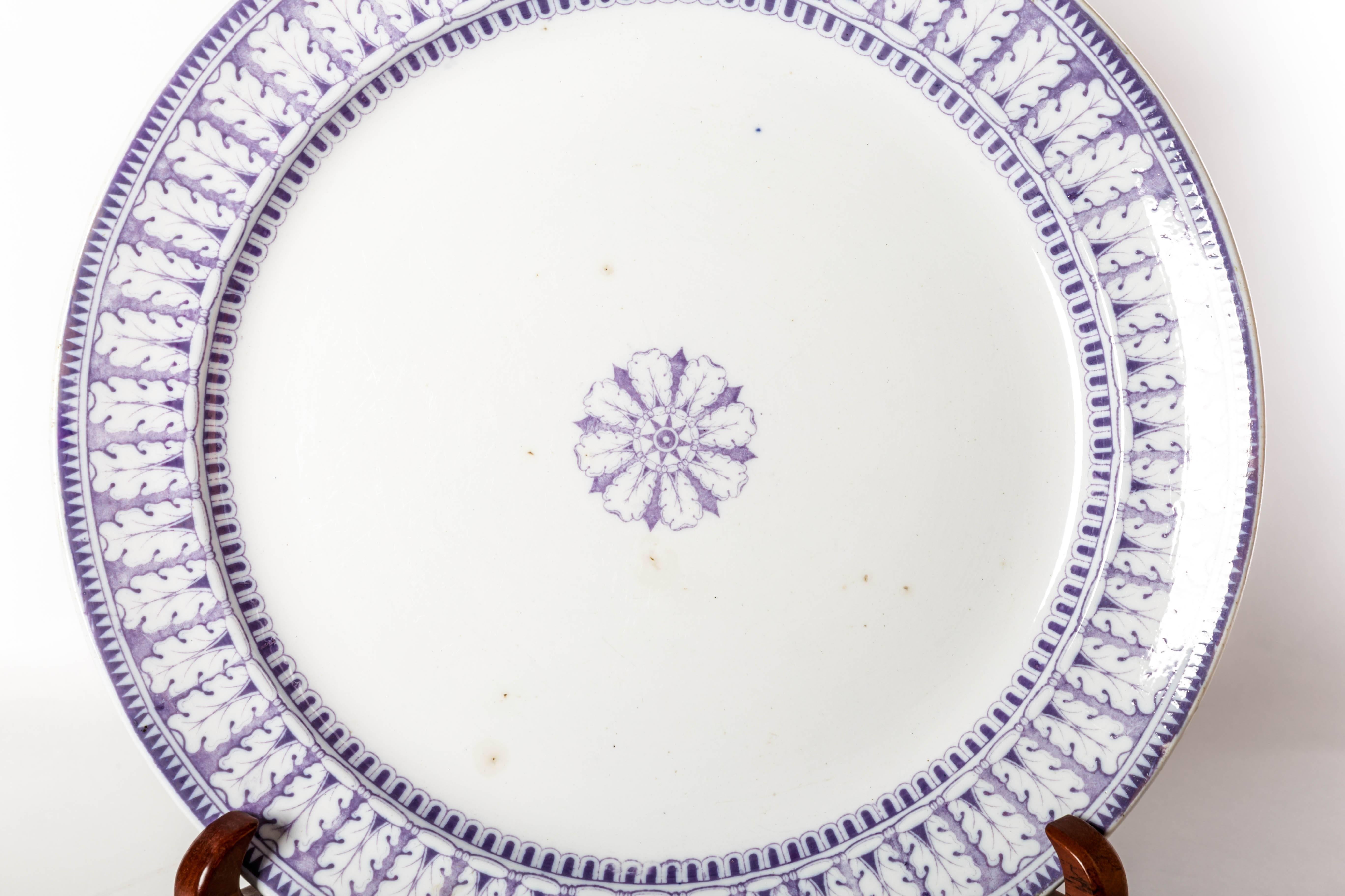 English large acanthe pattern blue and white transfer ware circular platter. This unusually large circular platter has a very decorative 2.5 boarder of stylized acanthus leaves centered by star medallion with radiating acanthus leaves. The back is