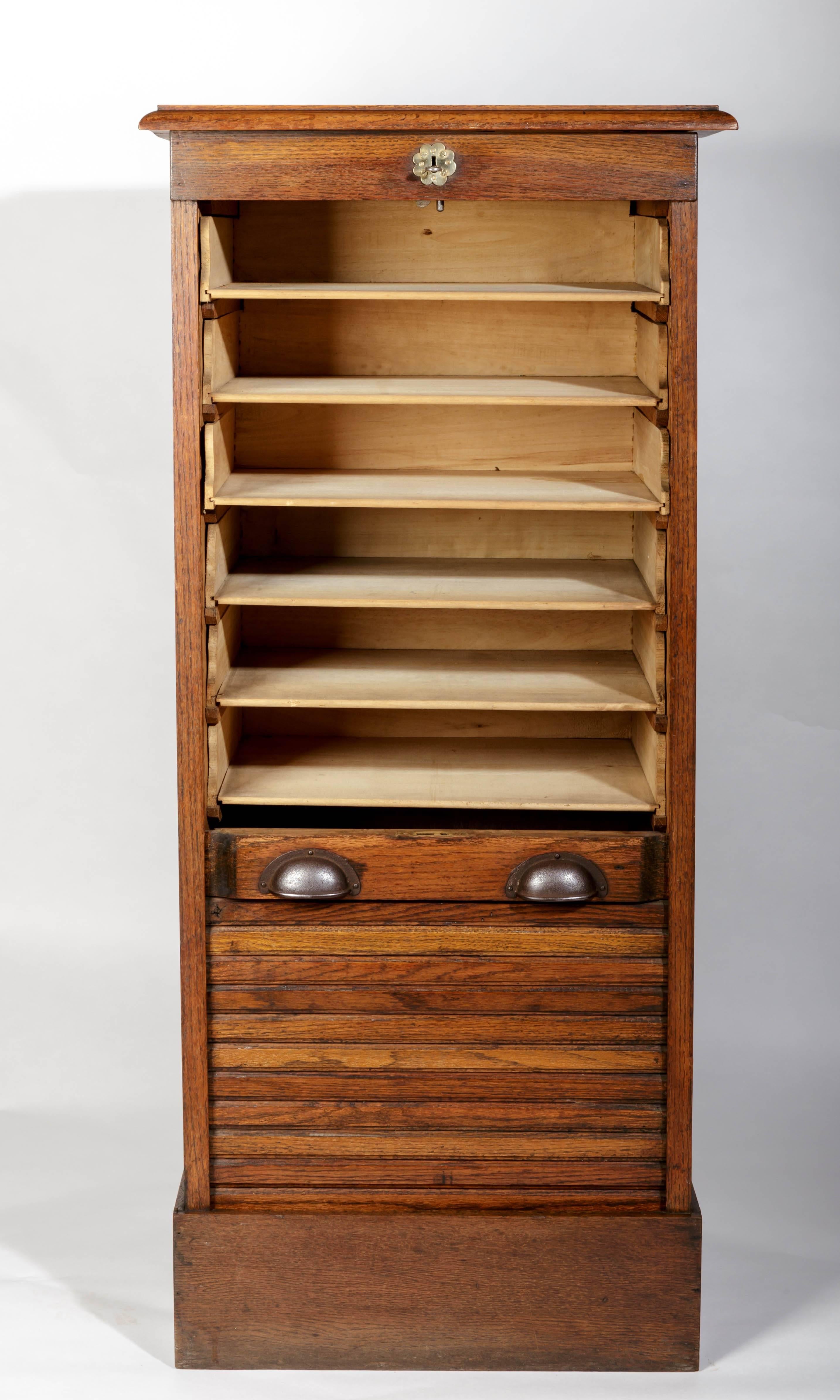 Edwardian French Oak Tambour Front File Cabinet