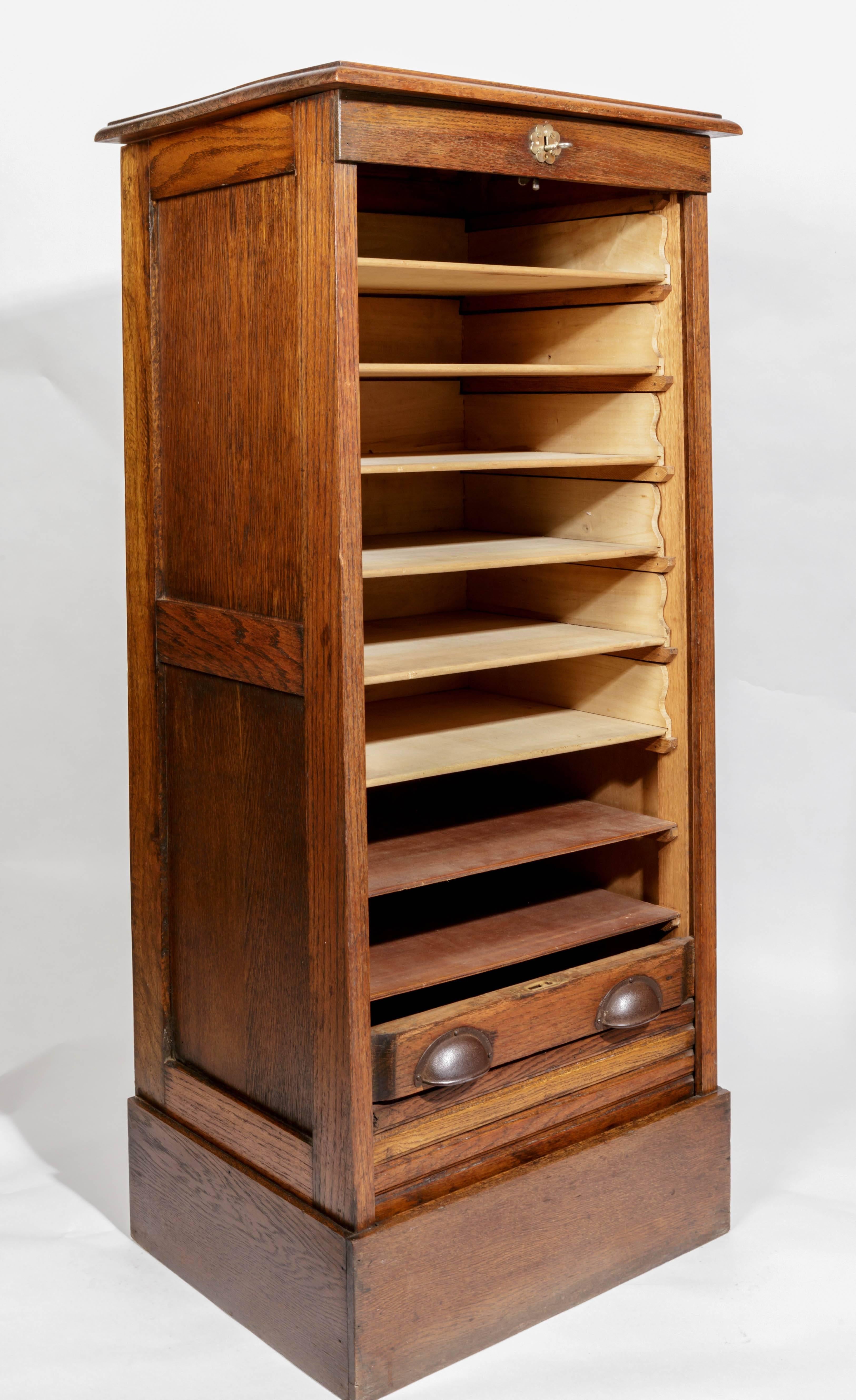 20th Century French Oak Tambour Front File Cabinet