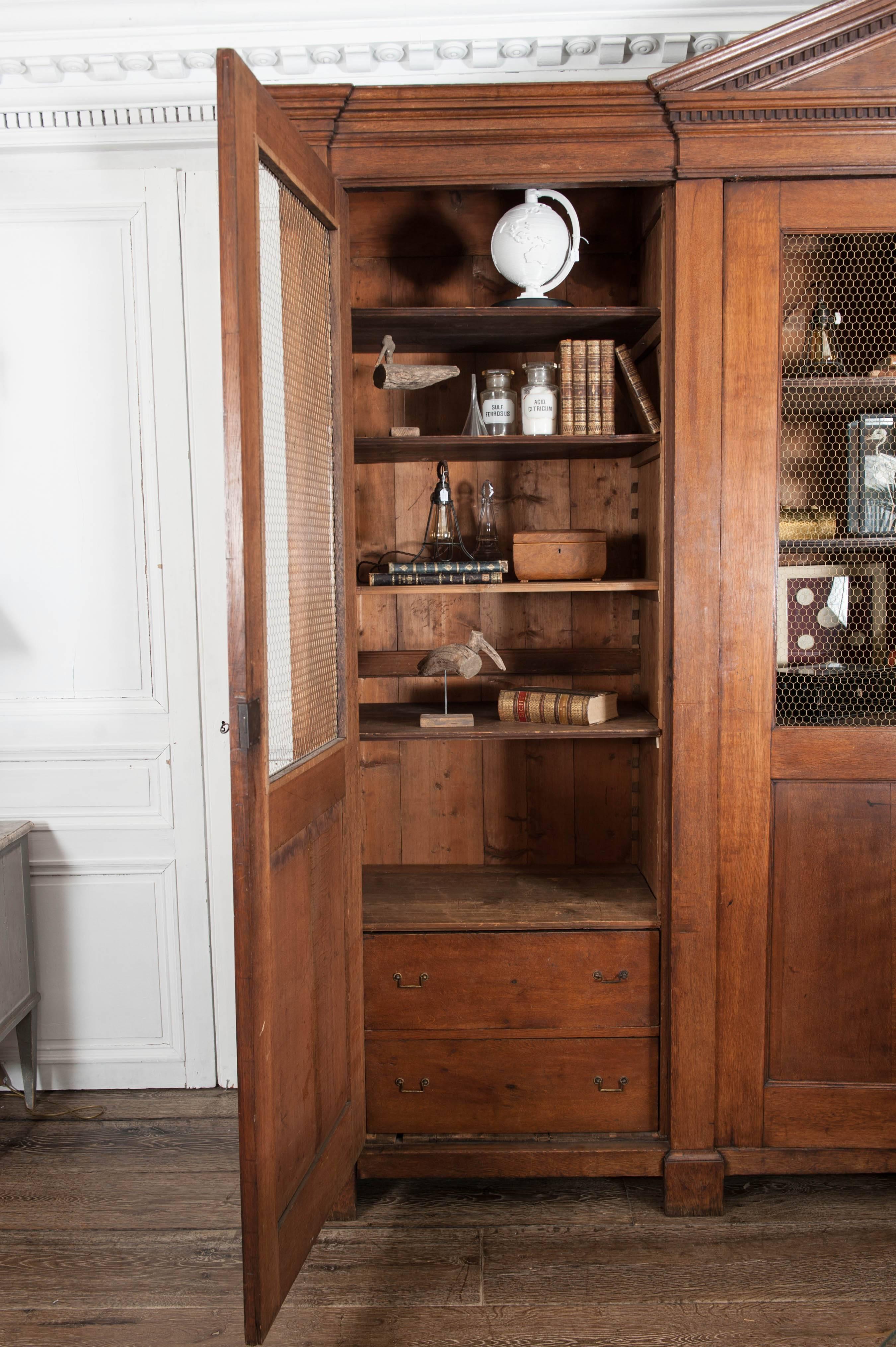 The cornice ornamented by a carved vase above four doors with wire-mesh paneling, retaining gilt brass door fittings of fine quality, the inside with an arrangement of adjustable shelves.