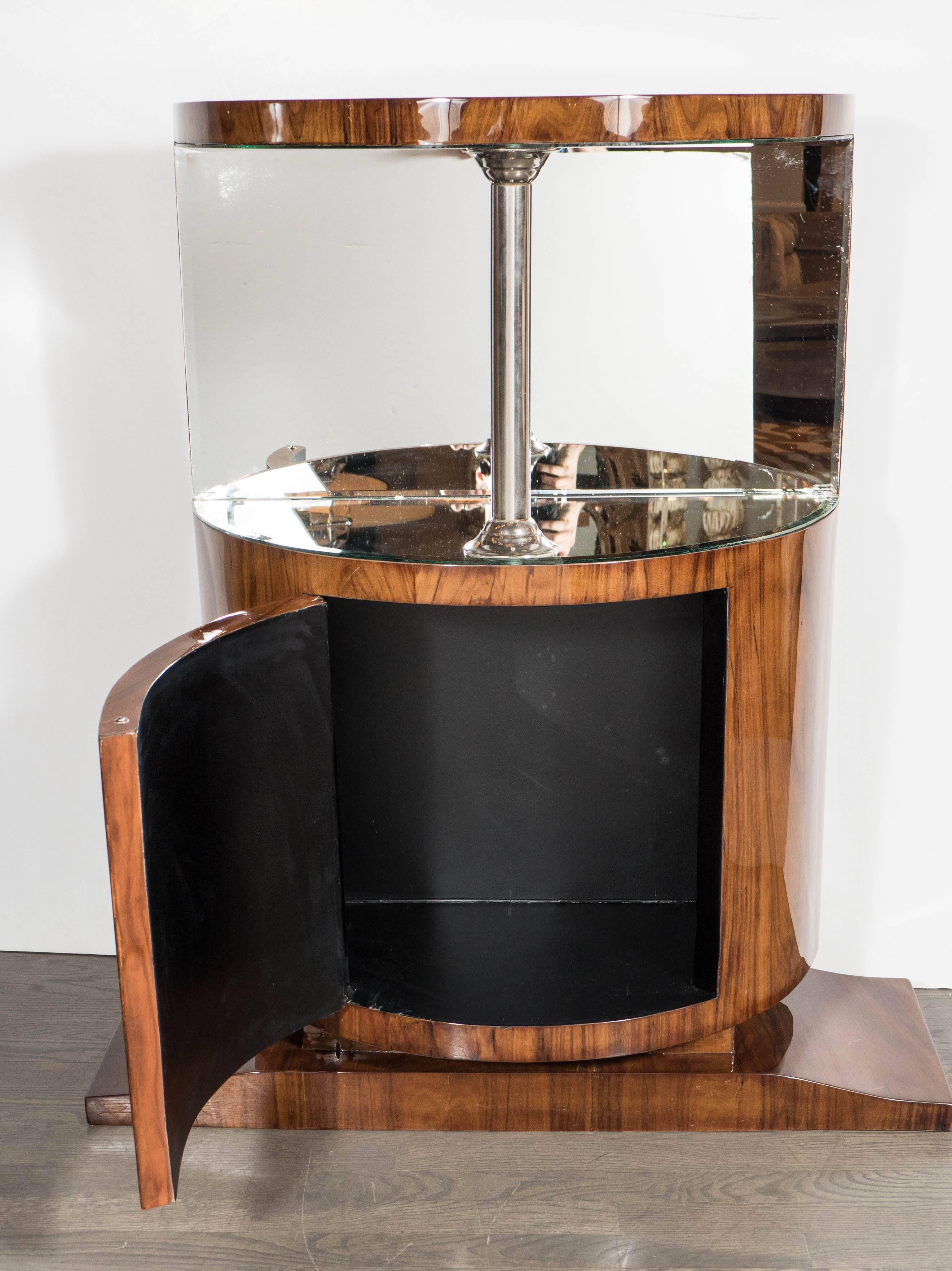 Streamline Art Deco Demilune Bar in Bookmatched Walnut with Mirrored Shelf In Excellent Condition In New York, NY