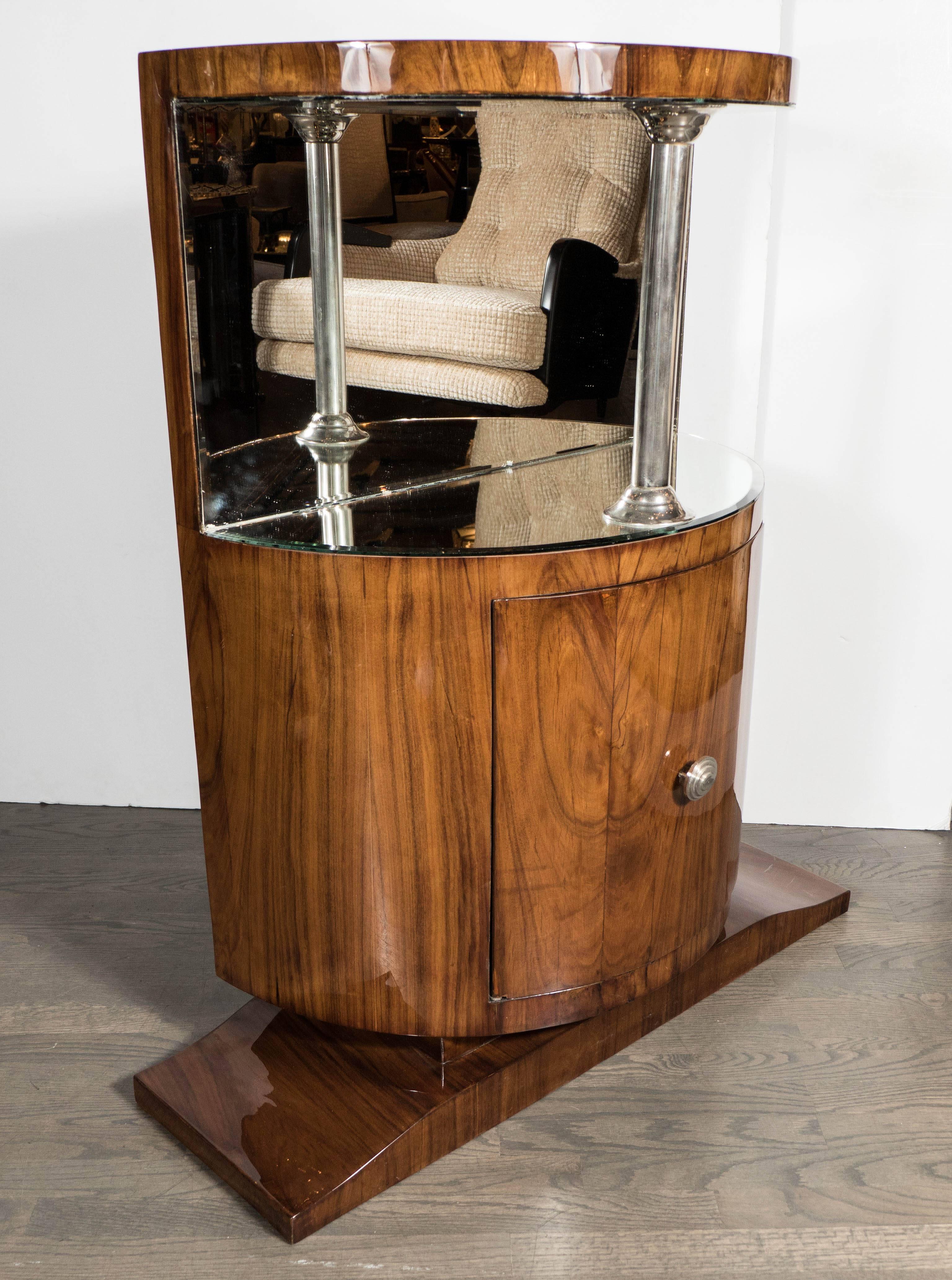 Streamline Art Deco Demilune Bar in Bookmatched Walnut with Mirrored Shelf 2