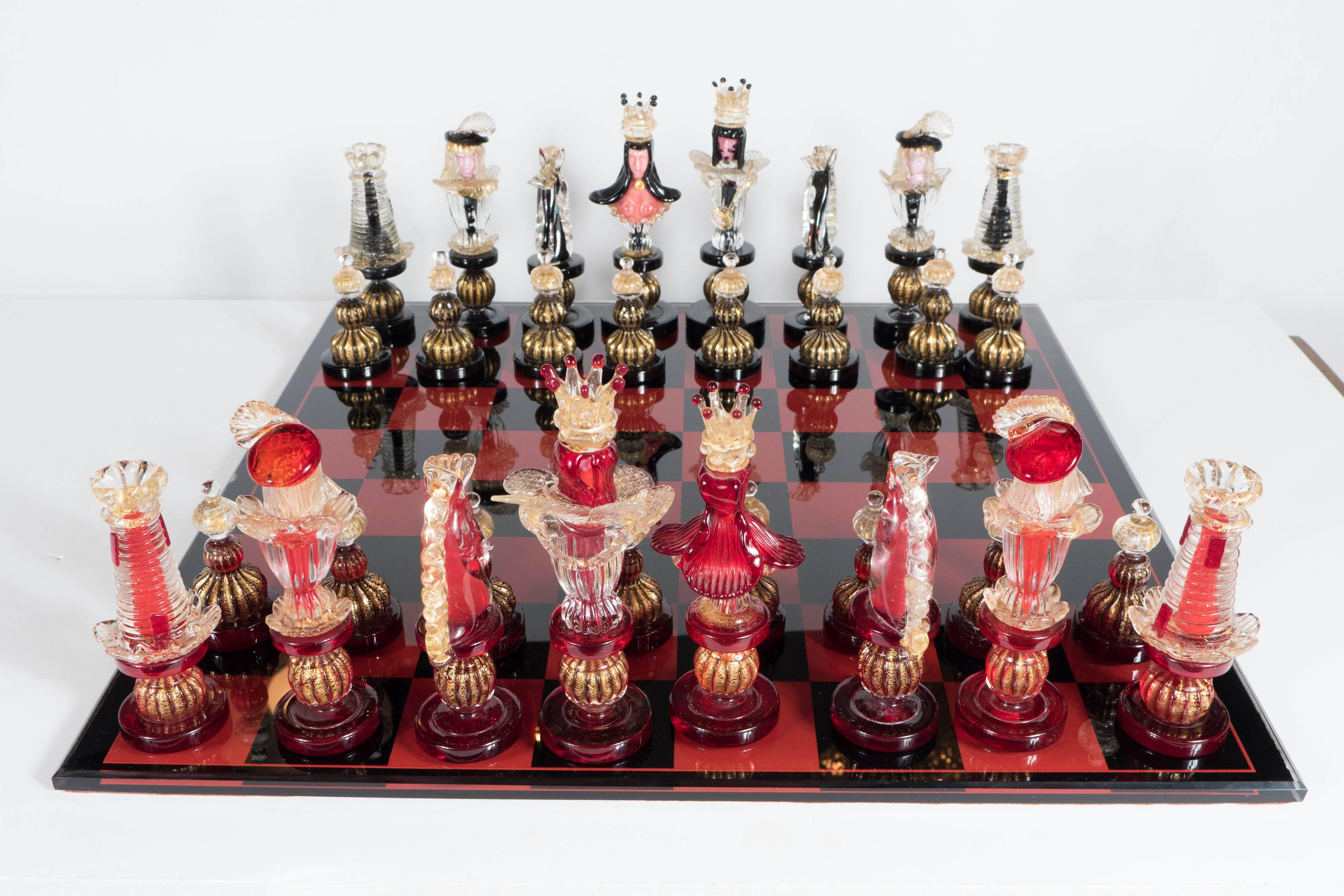 Italian Mid-Century Modernist Handblown Murano Glass Chess Set
