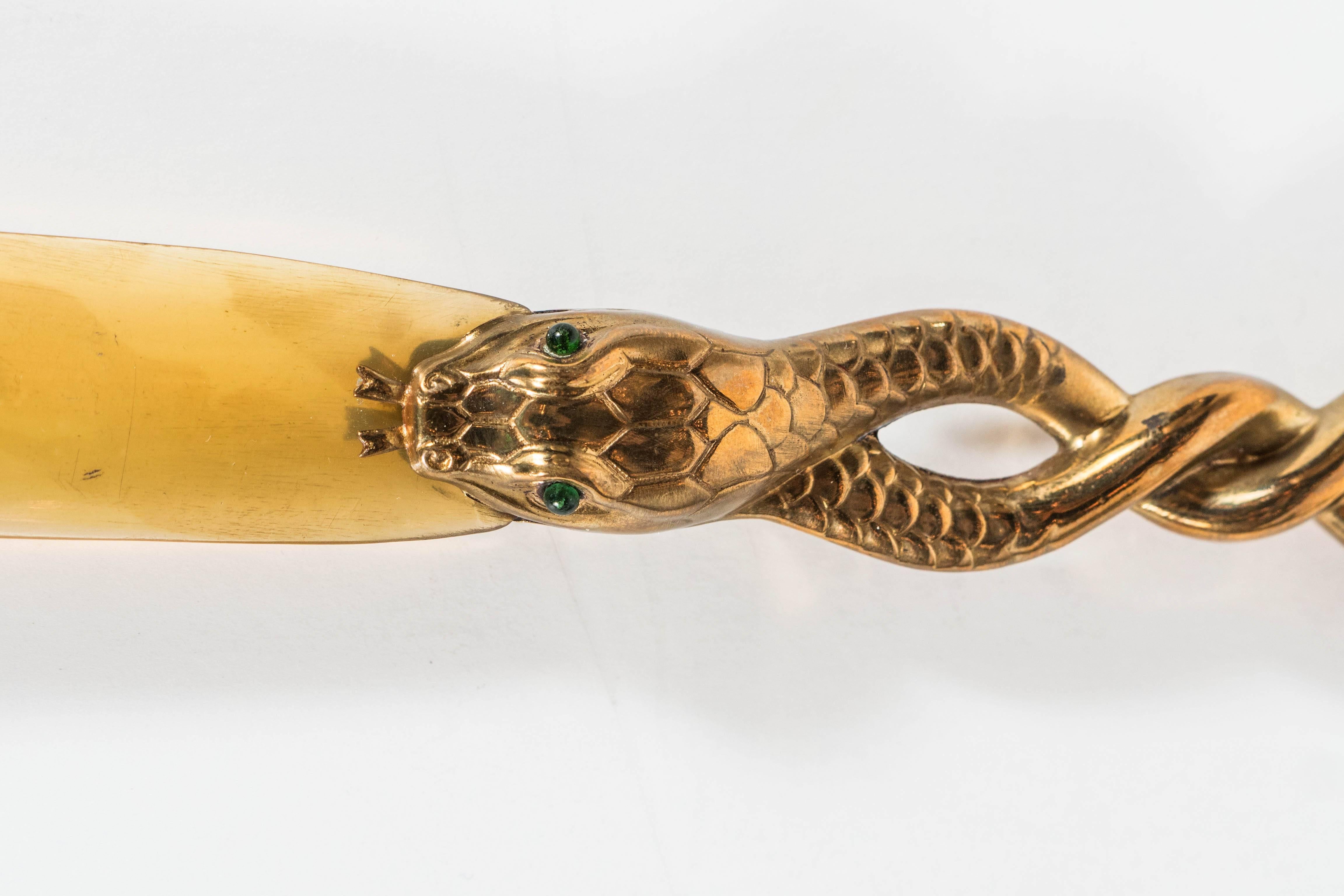 High Victorian Exquisite Antique Victorian Cobra Letter Opener with Emerald Eyes and Horn Blade