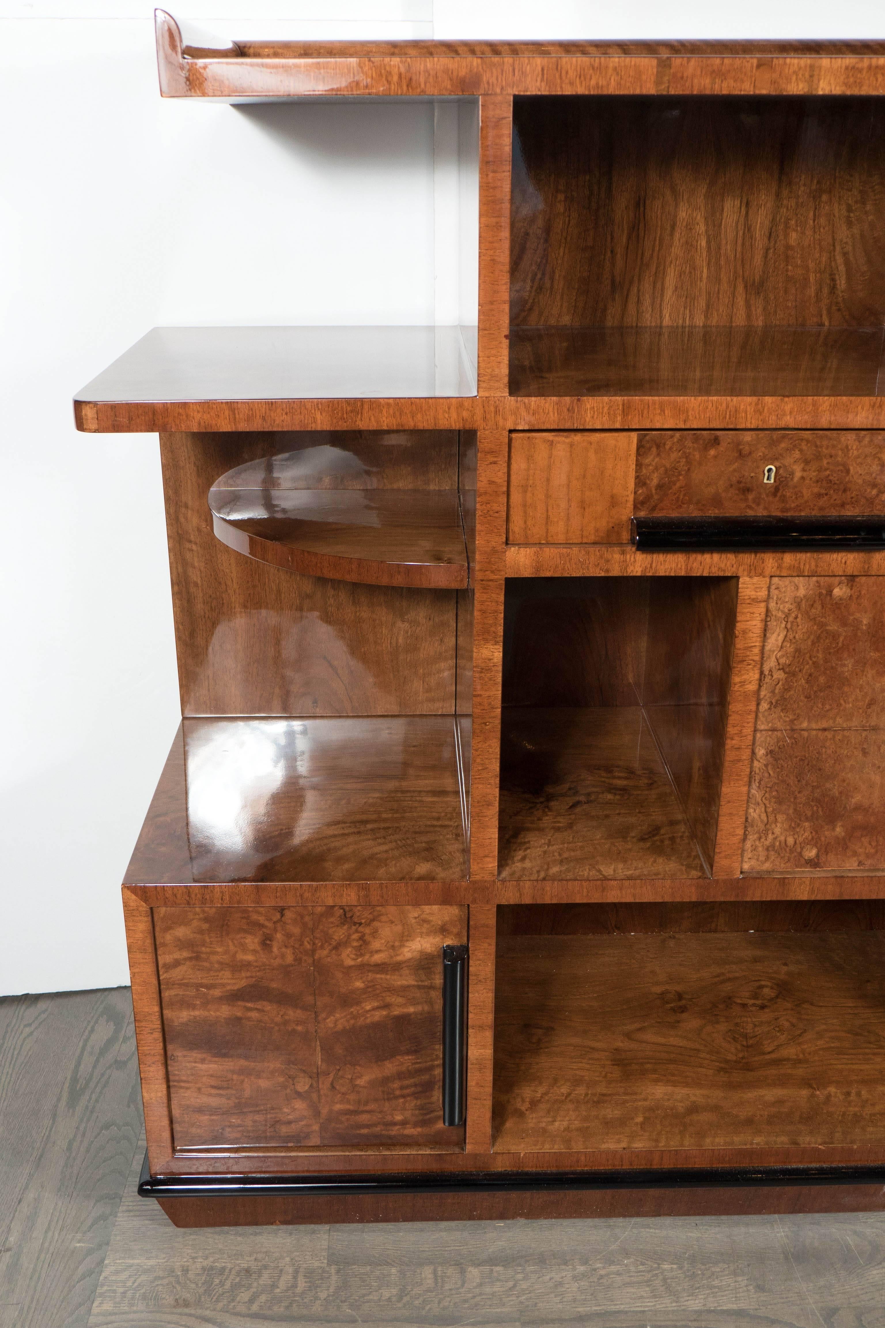 Mid-20th Century Skyscraper Art Deco Multi-Tiered Bookcase and Dry Bar in Bookmatched Walnut