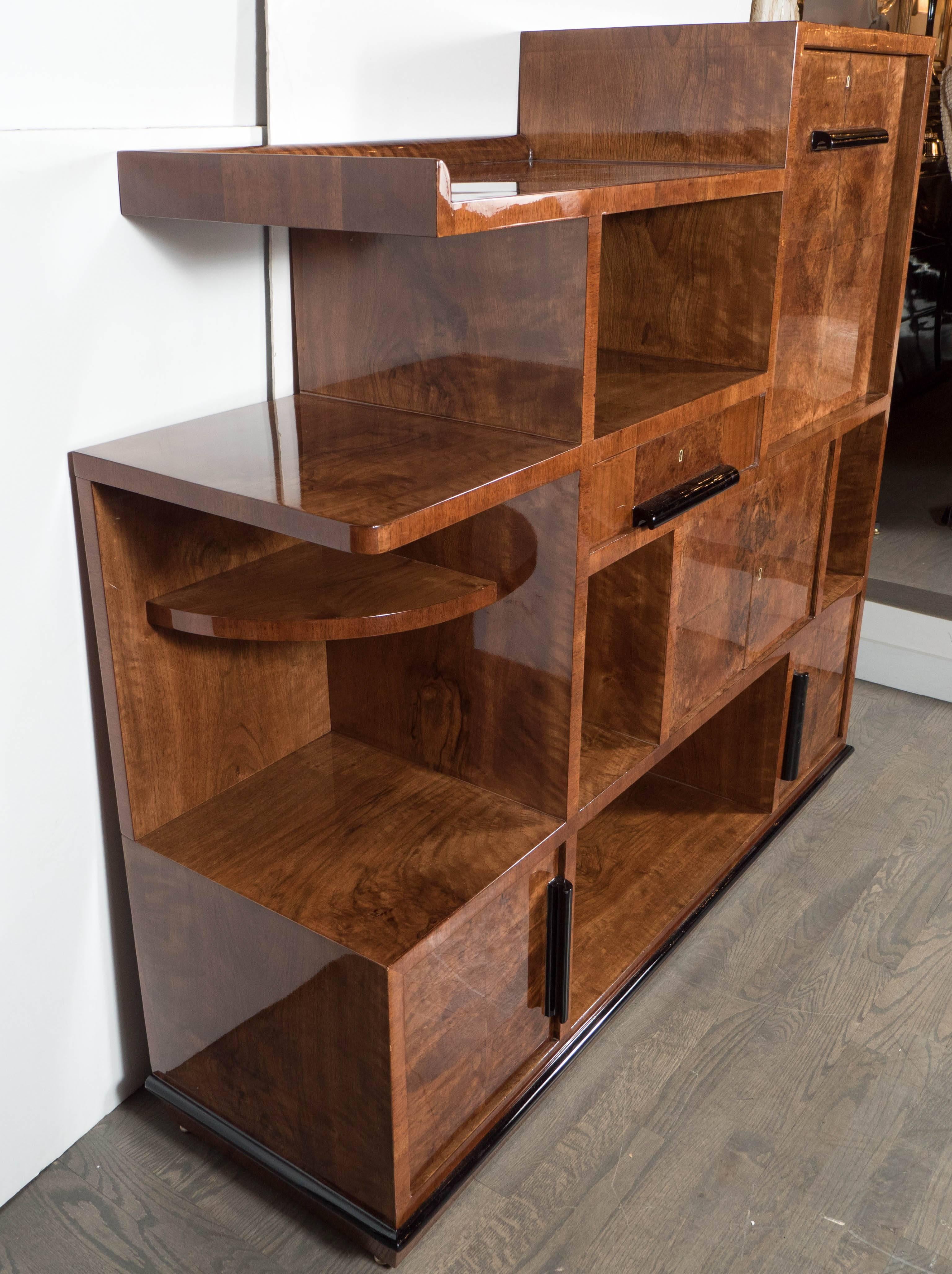 Birdseye Maple Skyscraper Art Deco Multi-Tiered Bookcase and Dry Bar in Bookmatched Walnut