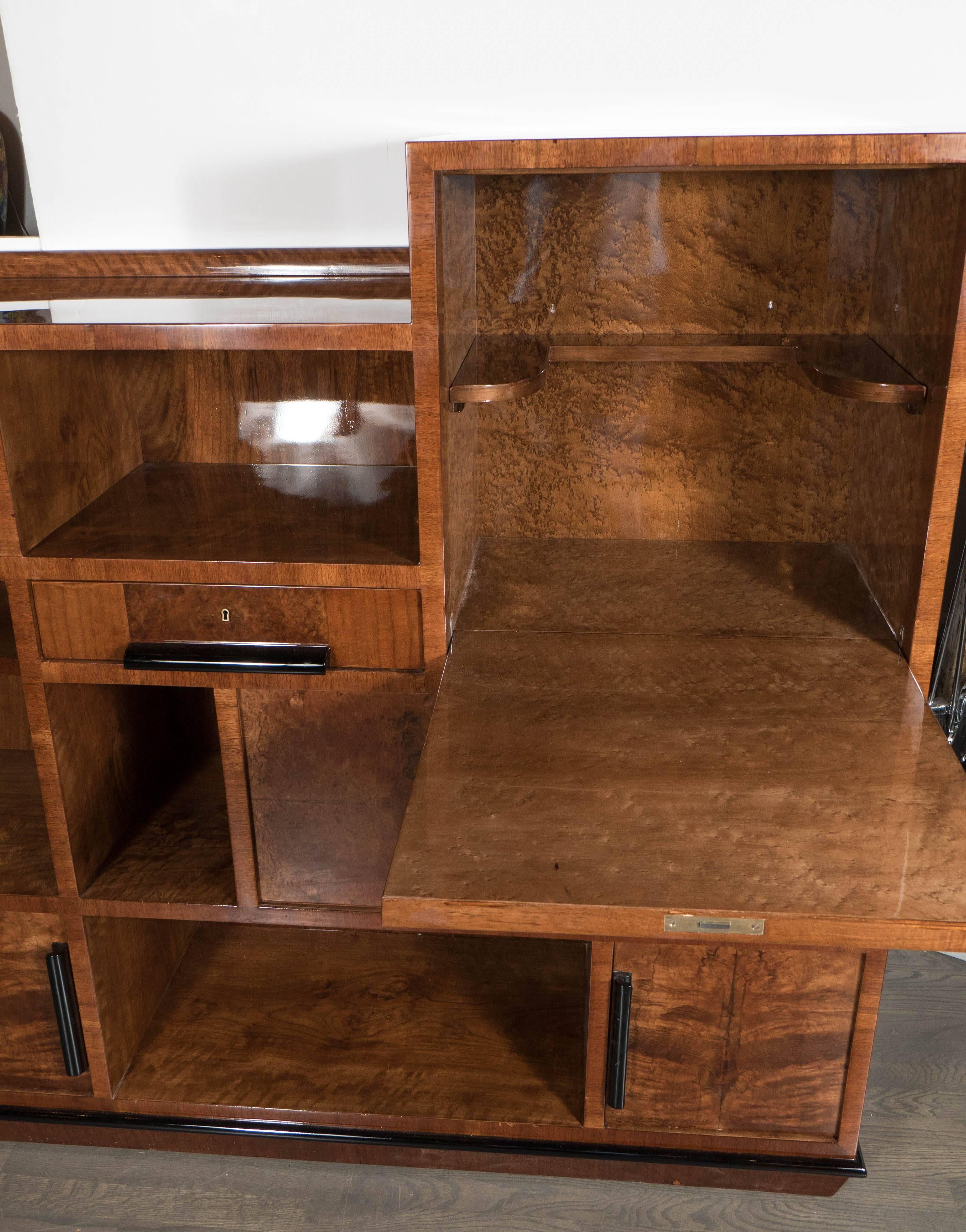 Skyscraper Art Deco Multi-Tiered Bookcase and Dry Bar in Bookmatched Walnut 2