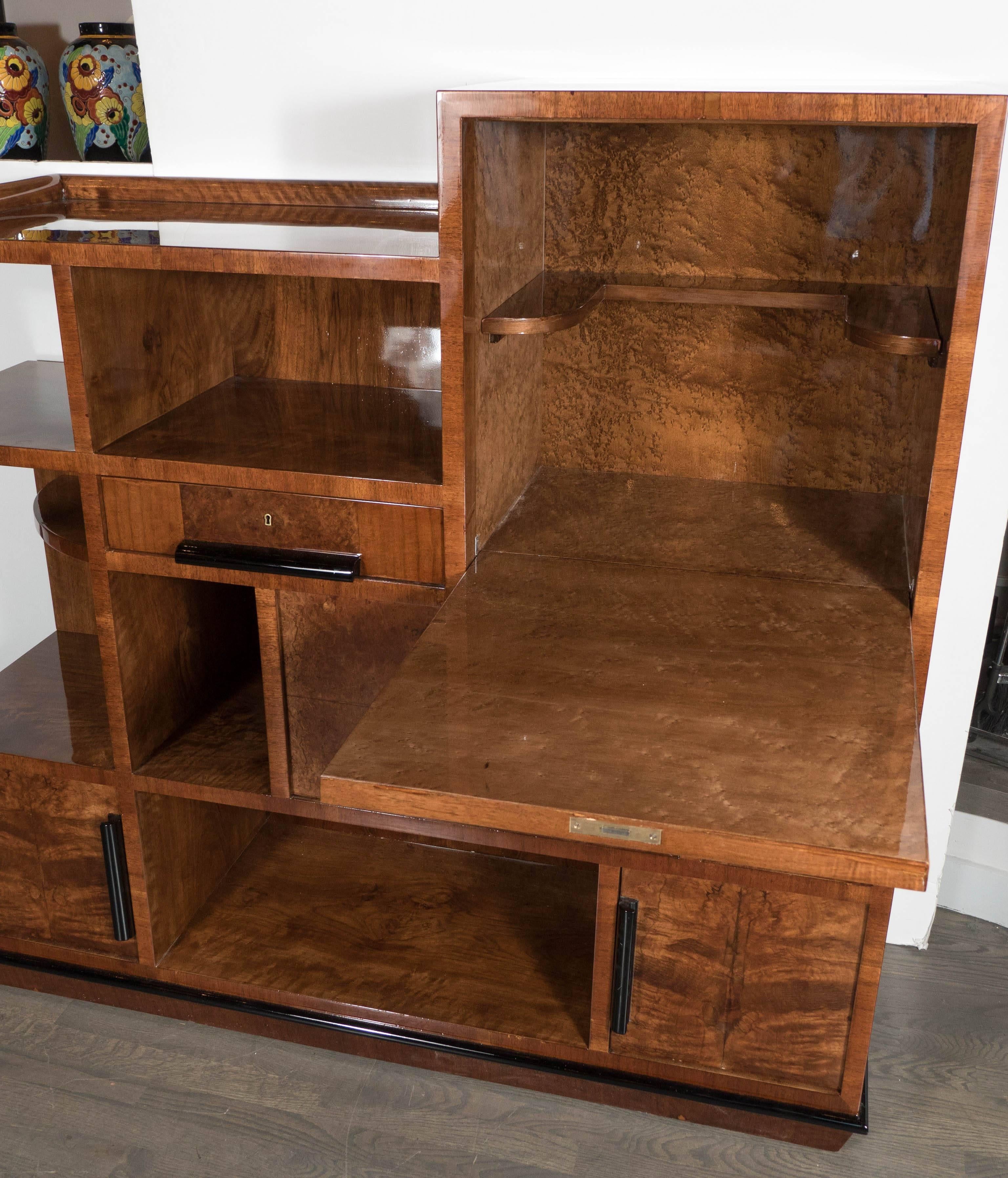 Skyscraper Art Deco Multi-Tiered Bookcase and Dry Bar in Bookmatched Walnut 4