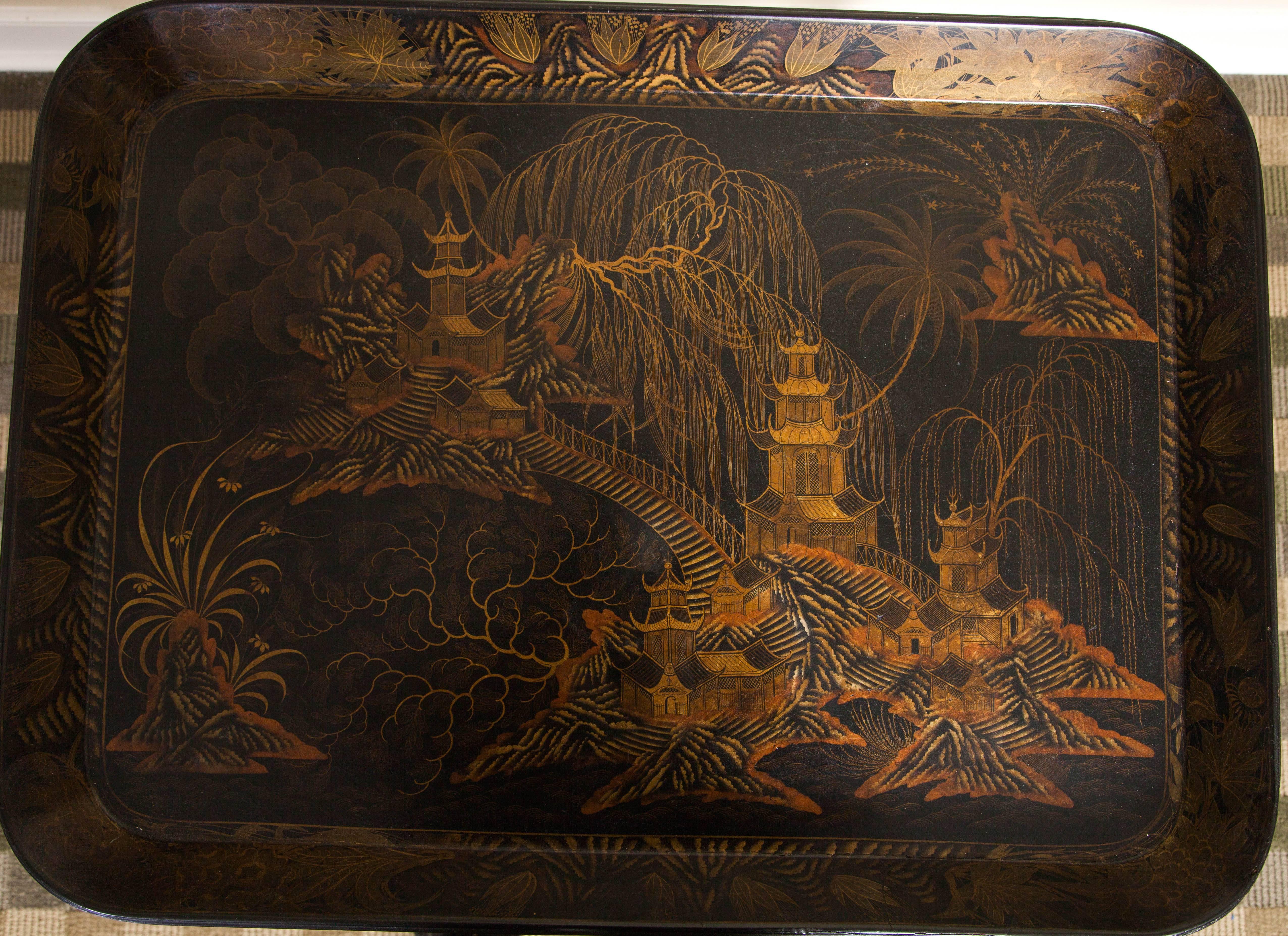 English Regency Black and Gilt Papier Mache Lacquer Tray with Later Stand, 19th Century For Sale