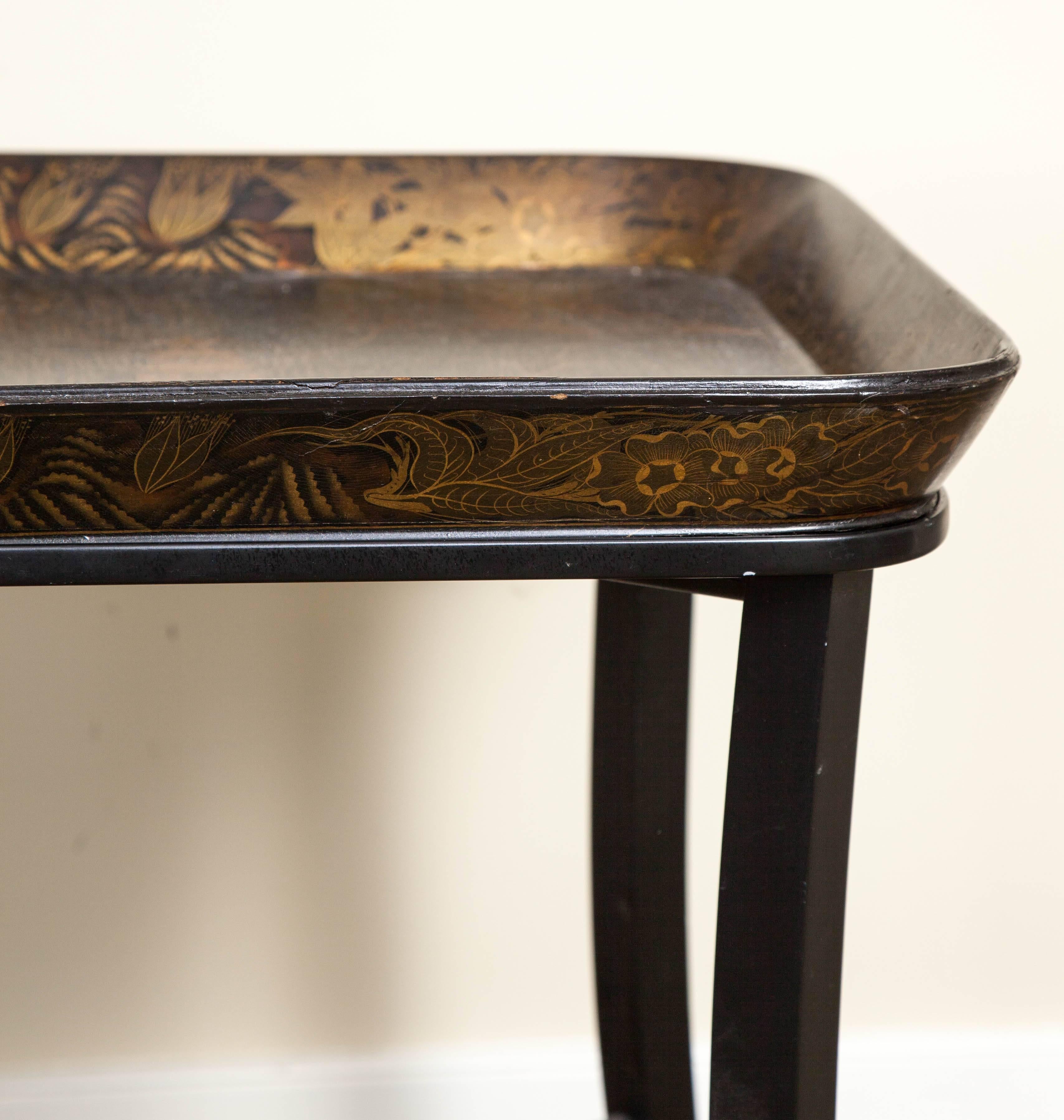 Regency Black and Gilt Papier Mache Lacquer Tray with Later Stand, 19th Century For Sale 3