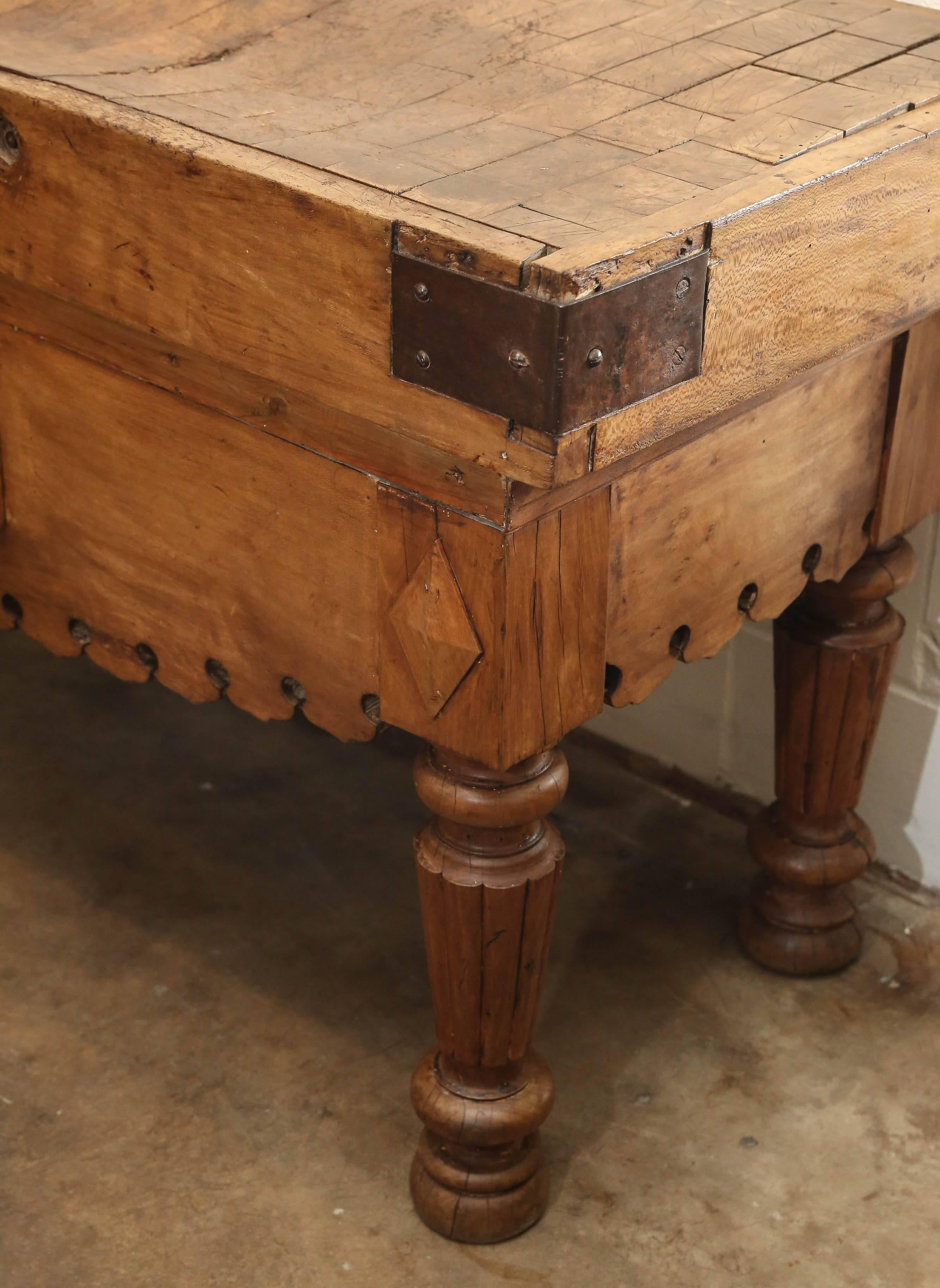 19th century butcher table with scalloped edge and original top. Found in France.