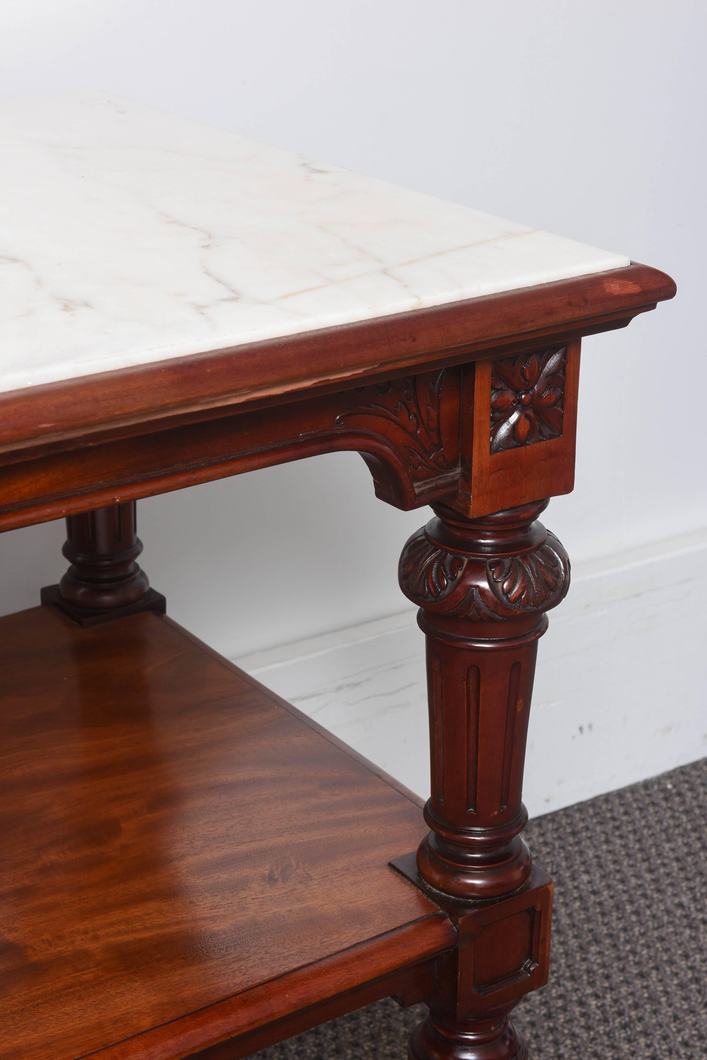 English Amazing Pair of 19th Century Marble-Top Carved Mahogany Console Tables