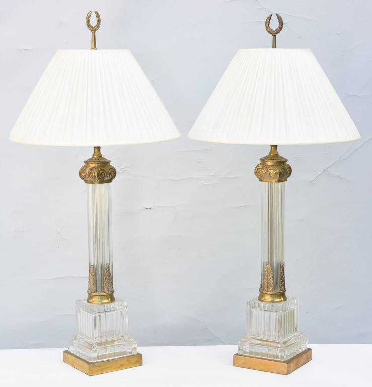 Gilt Pair of Fluted Glass Column Lamps For Sale