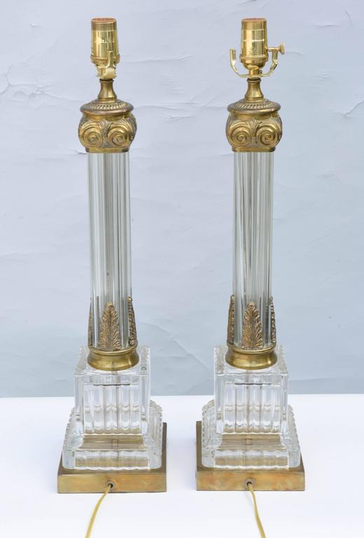 Brass Pair of Fluted Glass Column Lamps For Sale