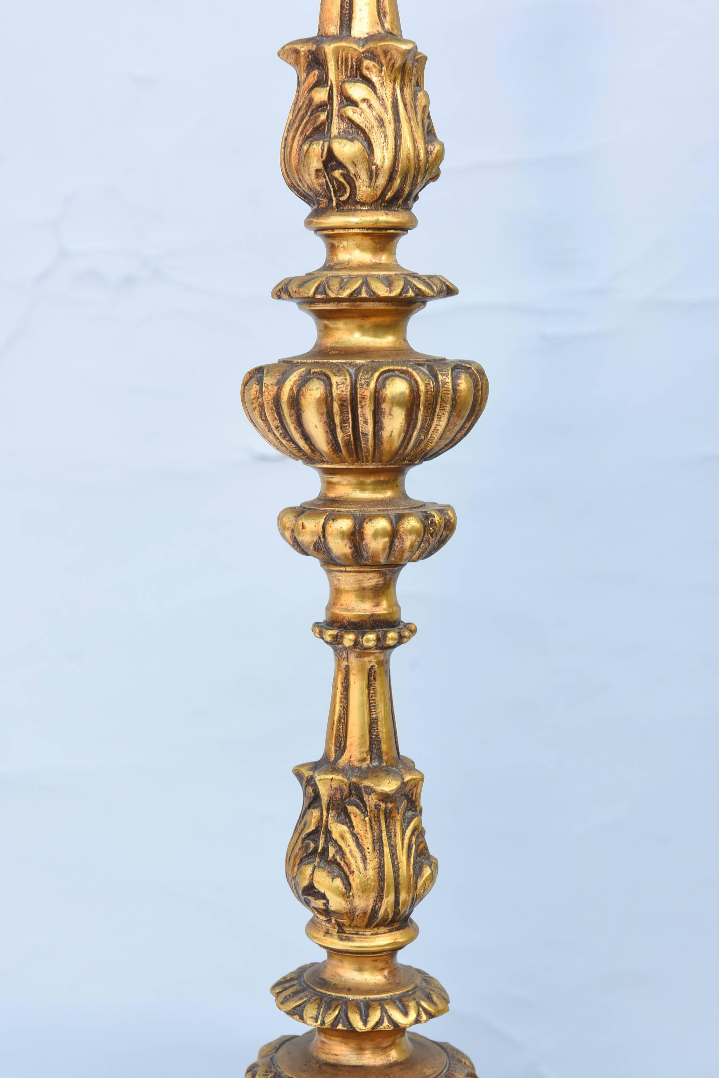 Gilt Pair of 19th Century French Bronze Dore Lamped Candlesticks