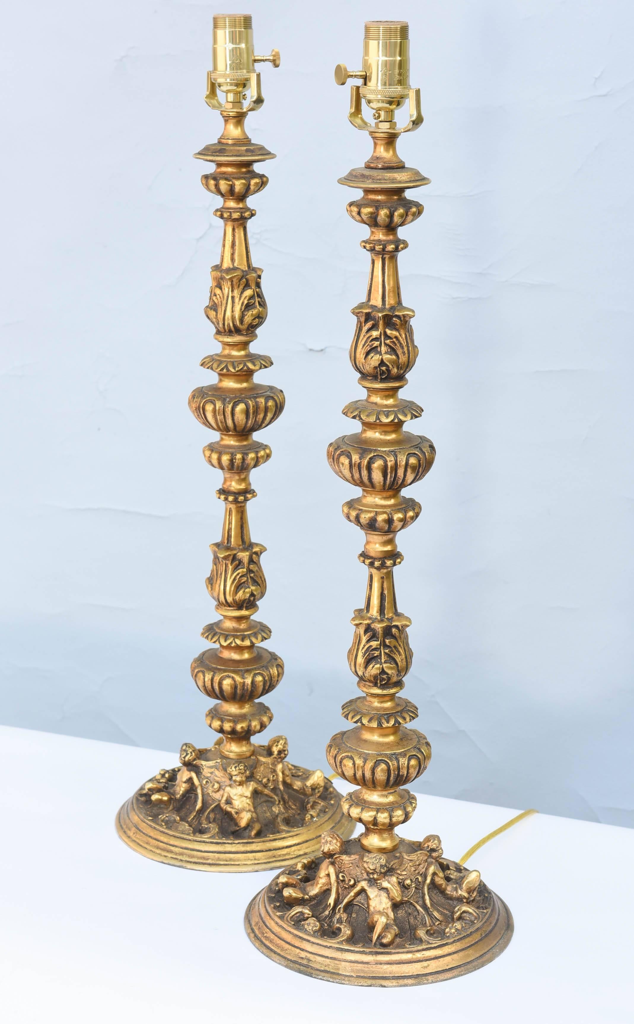 Pair of 19th Century French Bronze Dore Lamped Candlesticks In Excellent Condition In West Palm Beach, FL