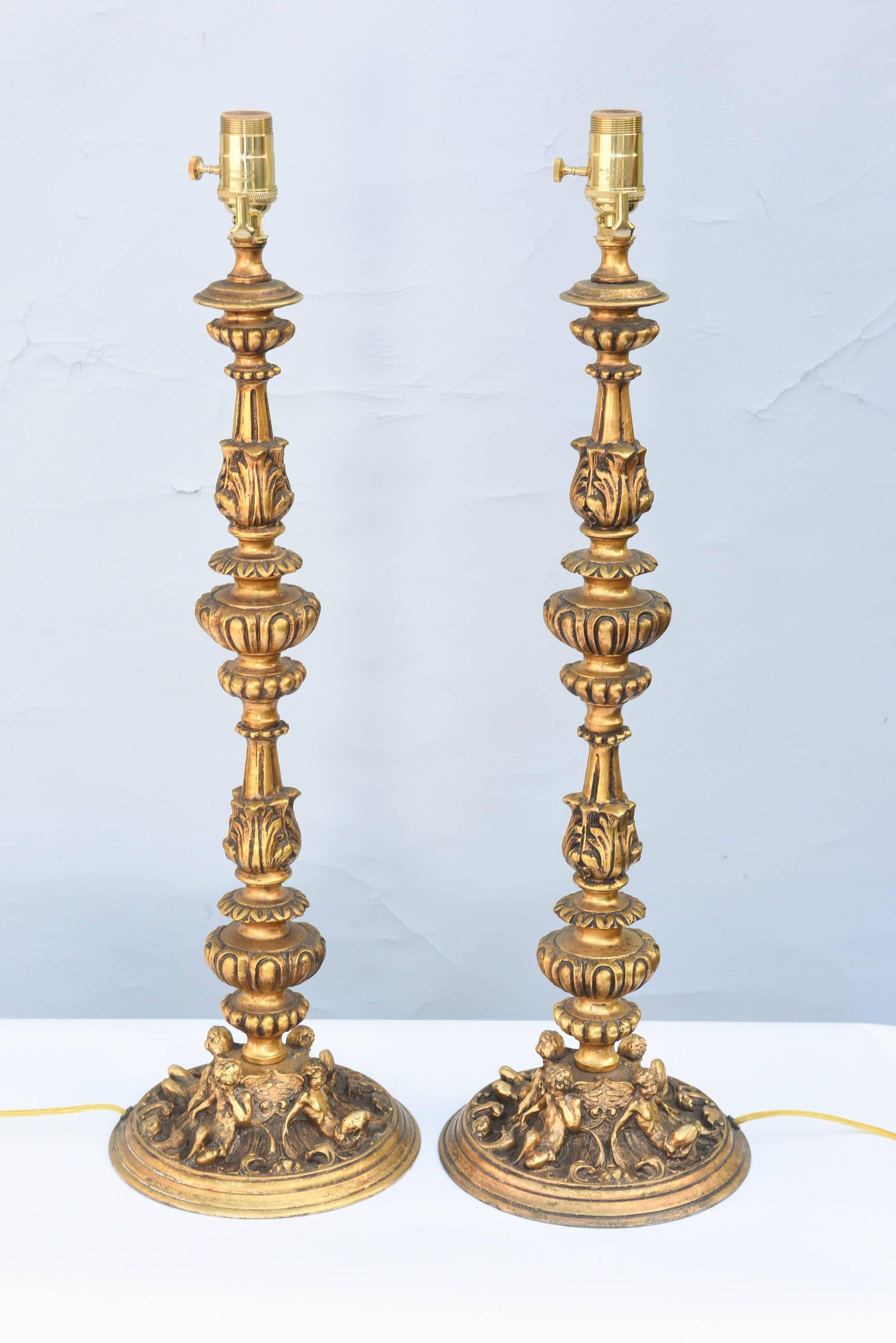 Pair of 19th Century French Bronze Dore Lamped Candlesticks 1