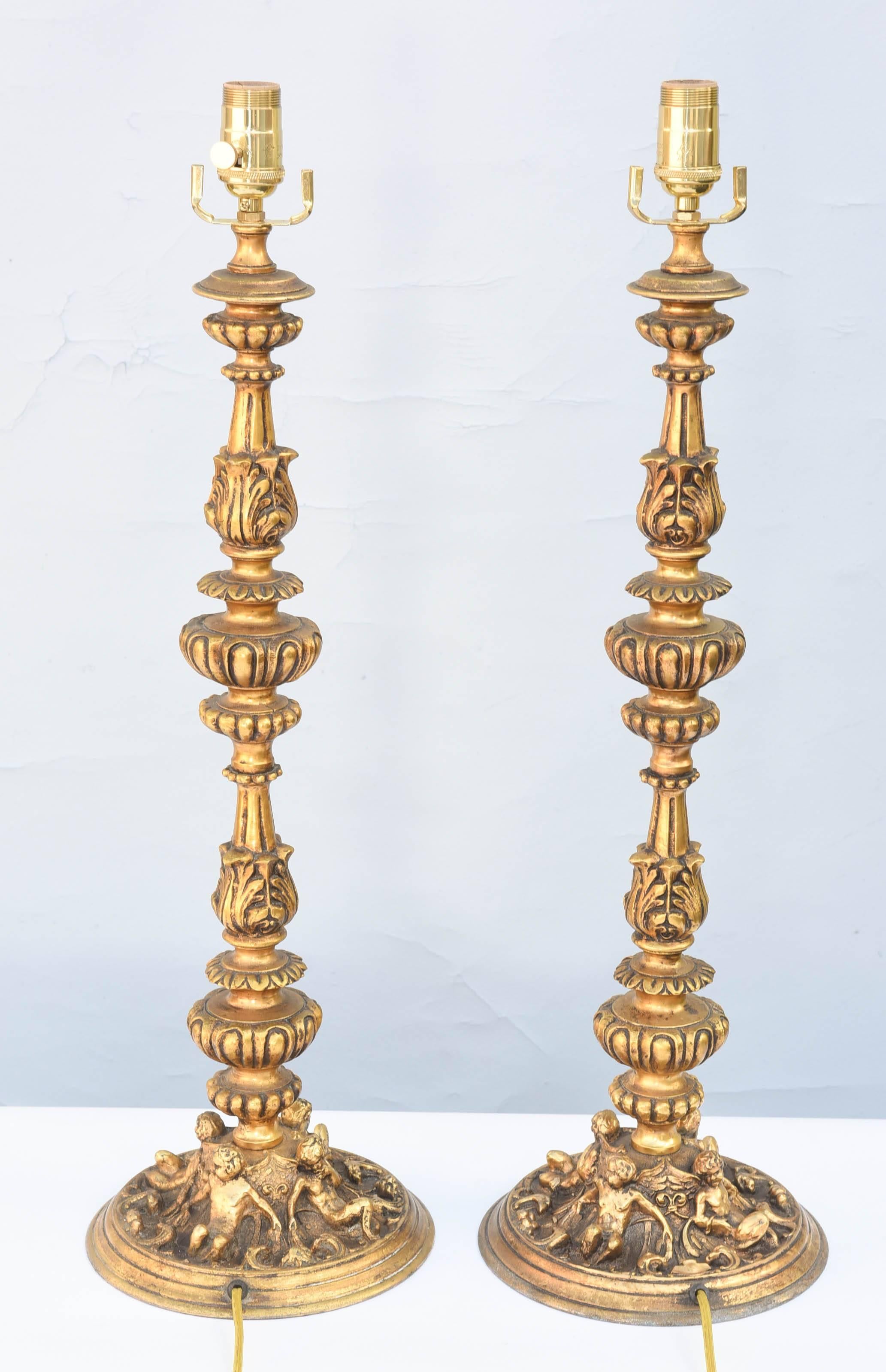 Pair of 19th Century French Bronze Dore Lamped Candlesticks 3
