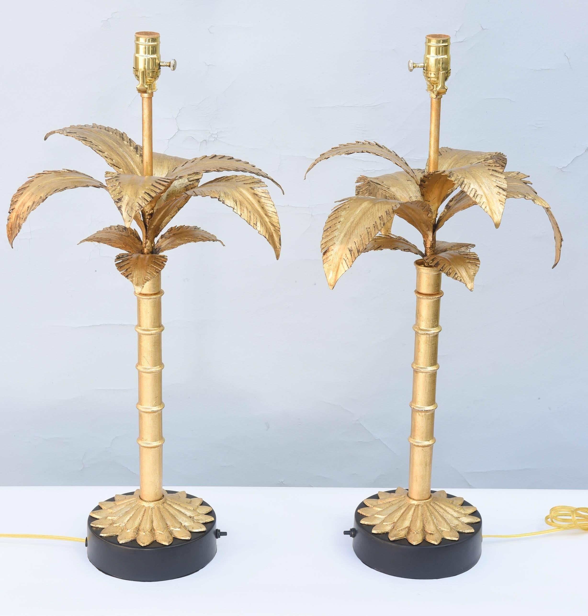 Gilt Pair of Gilded Iron Palm Tree Lamps For Sale