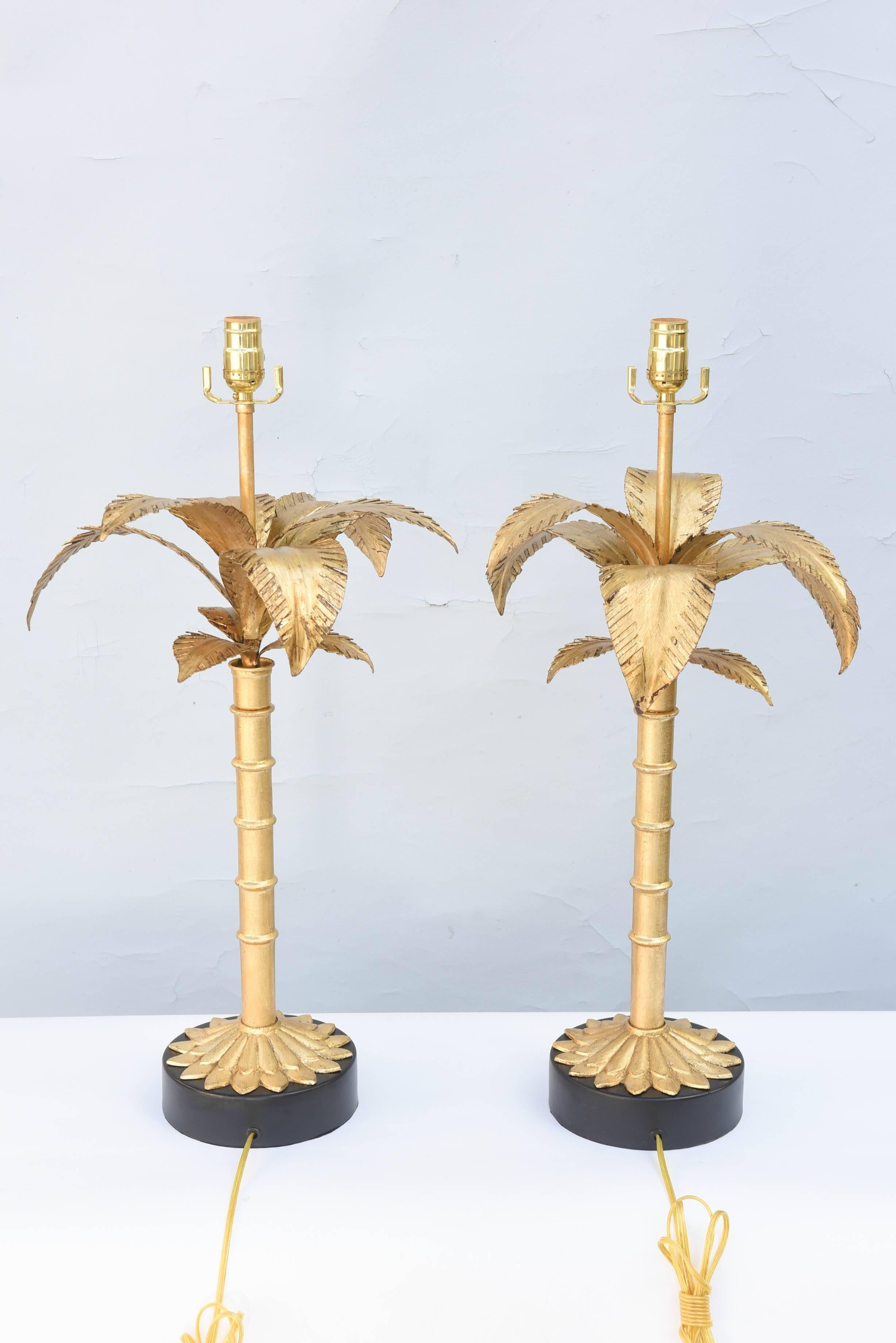 20th Century Pair of Gilded Iron Palm Tree Lamps For Sale