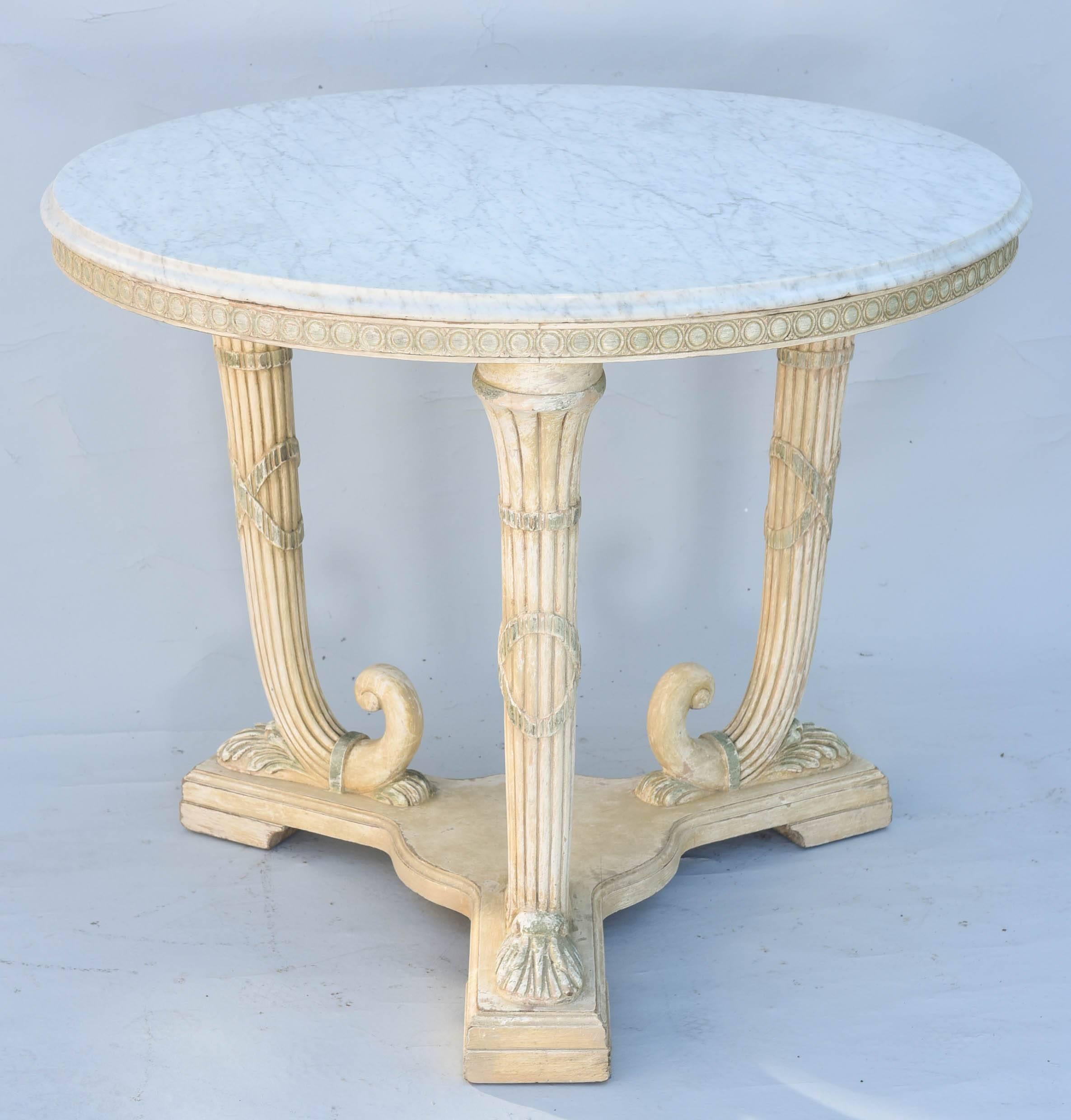Wood Round Italian Center Table with Carrara Marble Top on Painted Base