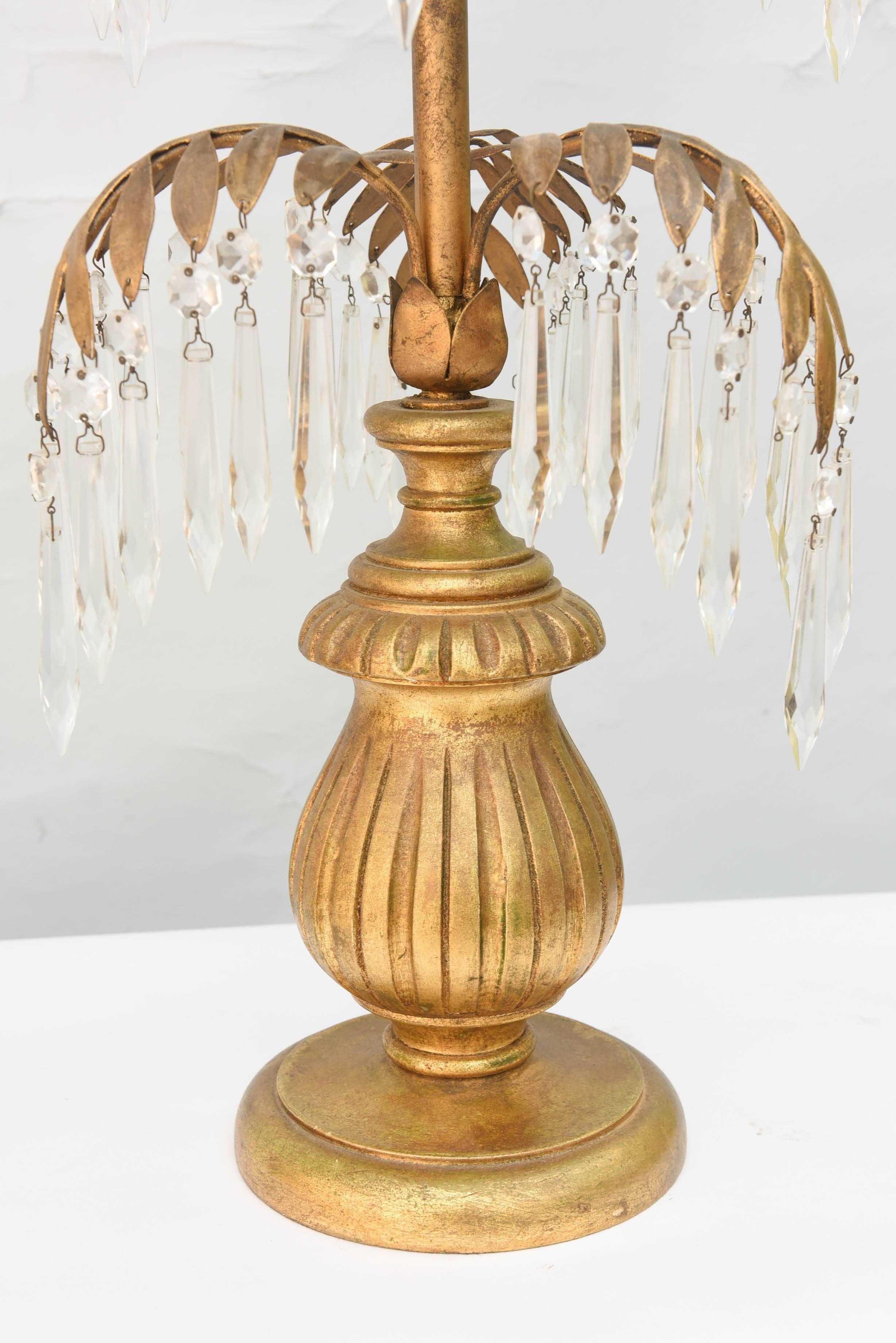 Hollywood Regency Pair of Gilt Metal Palm Lamps Decorated with Crystals