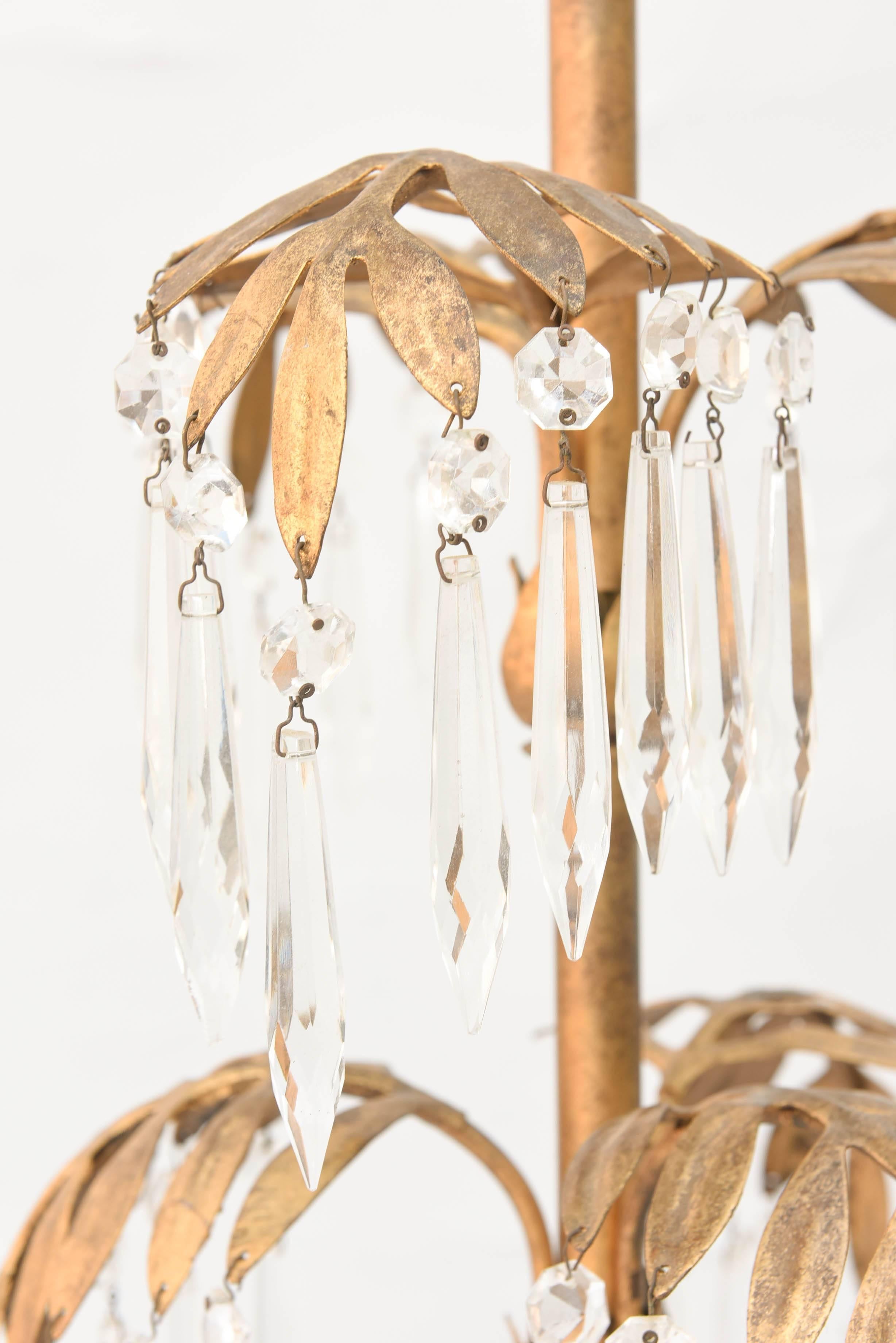 Italian Pair of Gilt Metal Palm Lamps Decorated with Crystals