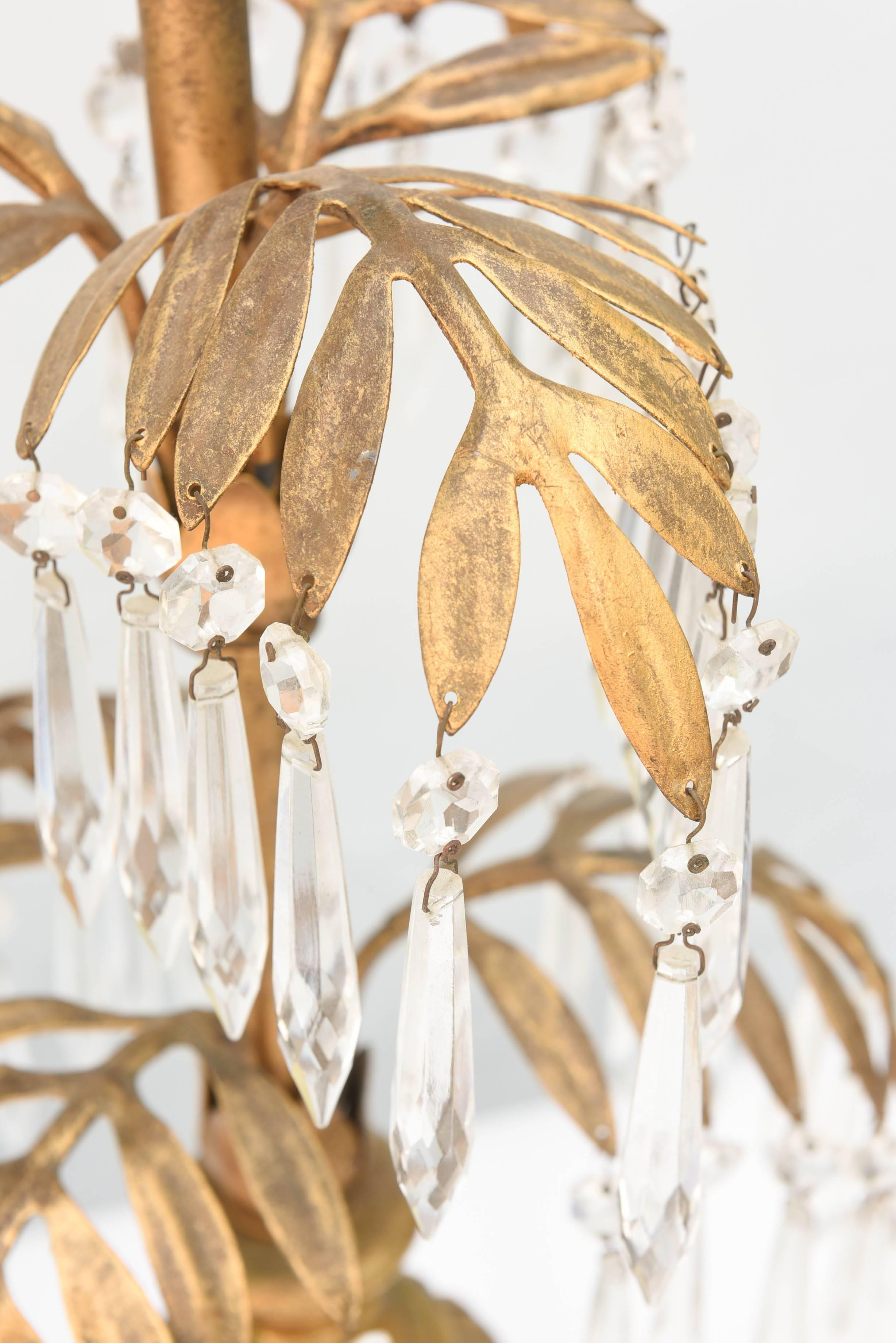Pair of Gilt Metal Palm Lamps Decorated with Crystals In Excellent Condition In West Palm Beach, FL