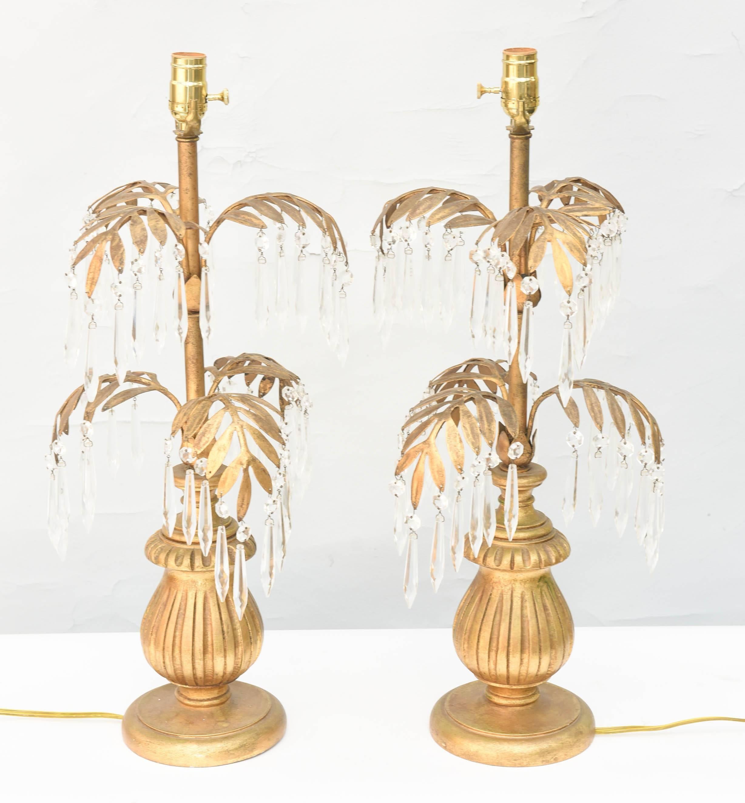 20th Century Pair of Gilt Metal Palm Lamps Decorated with Crystals