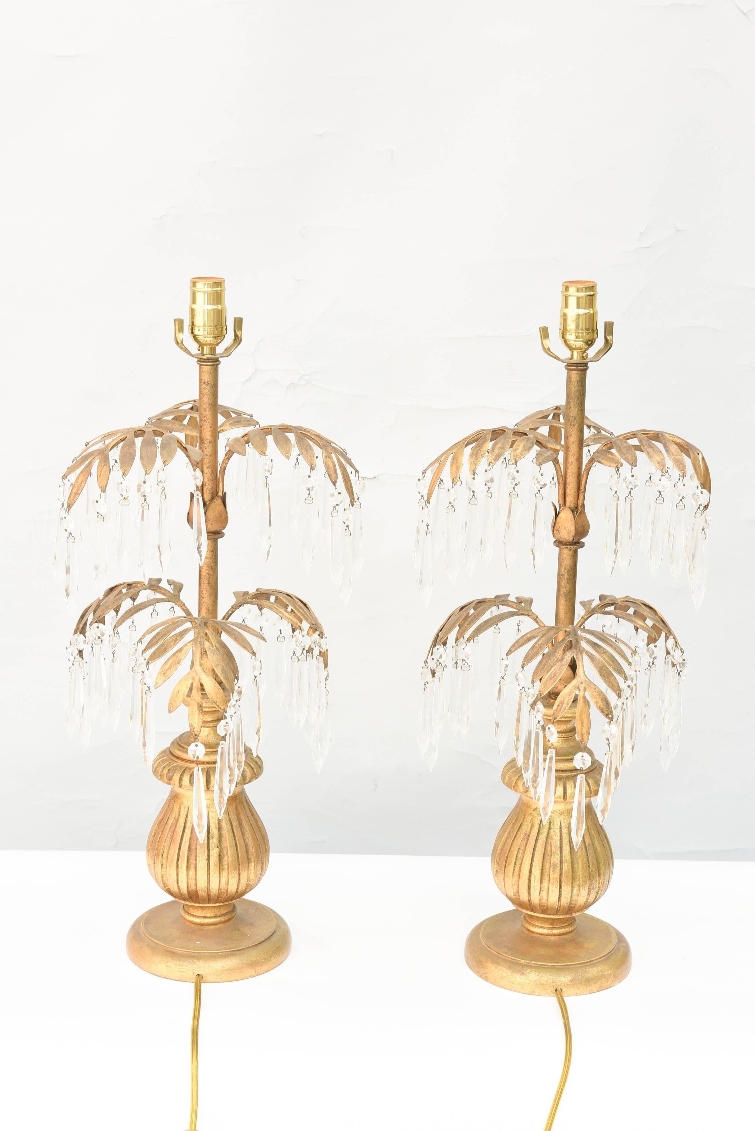 Pair of Gilt Metal Palm Lamps Decorated with Crystals 2
