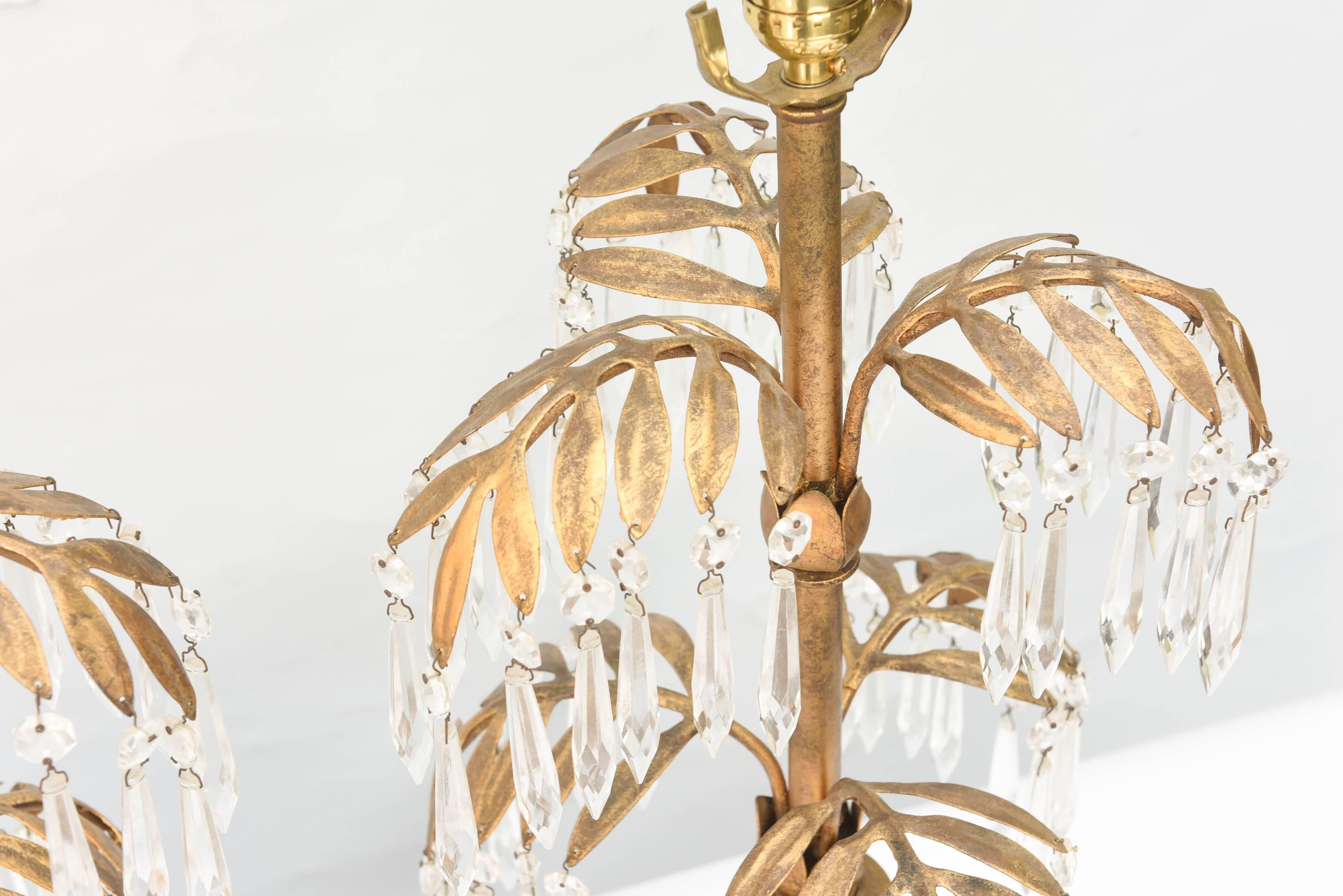 Pair of Gilt Metal Palm Lamps Decorated with Crystals 3