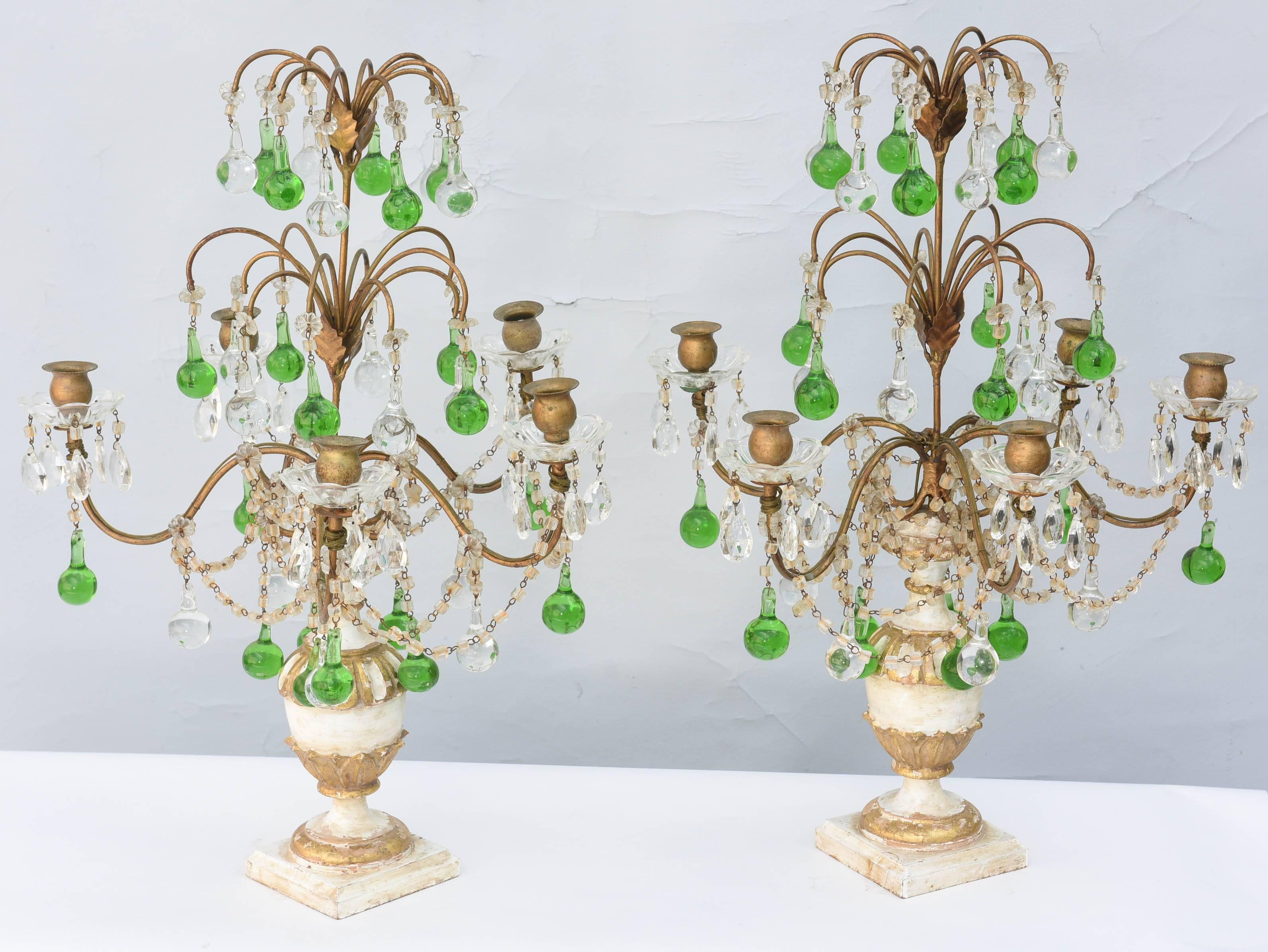 Glass Pair of Italian Girandoles Decorated with Emerald Colored Crystal Drops For Sale