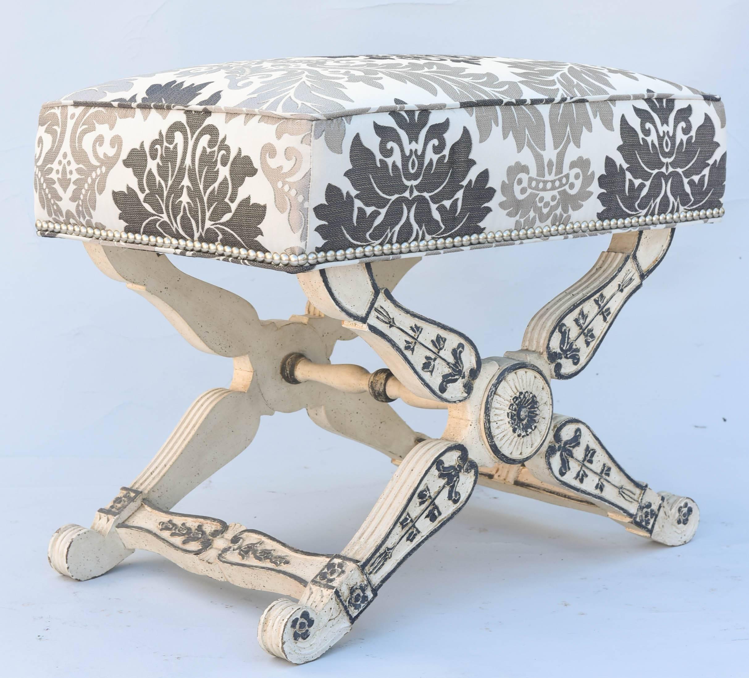 Empire Form Stool, Painted, with Damask Box Seat For Sale 3