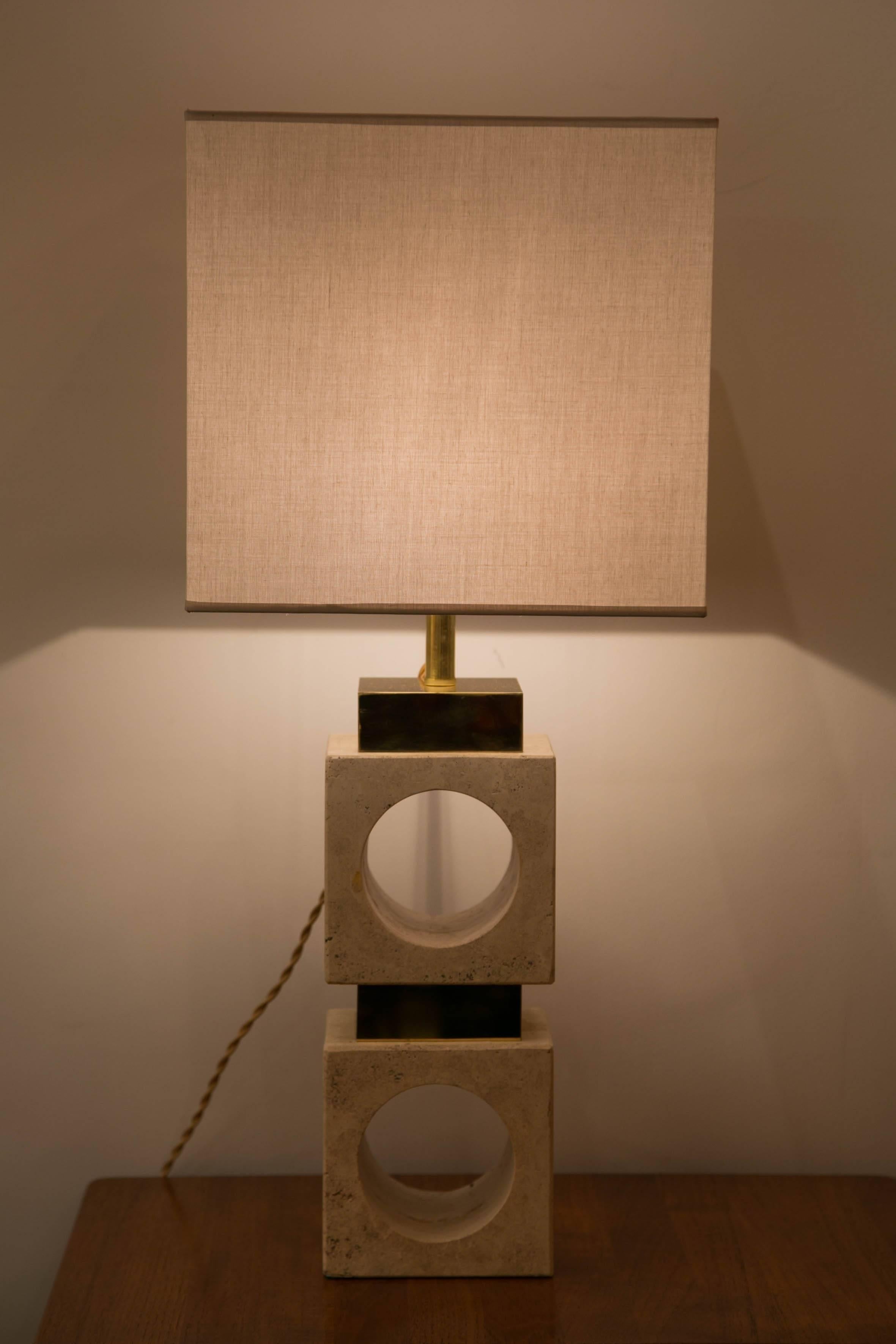 A Pair of Travertine and Brass Lamps, Italy, 1970 2