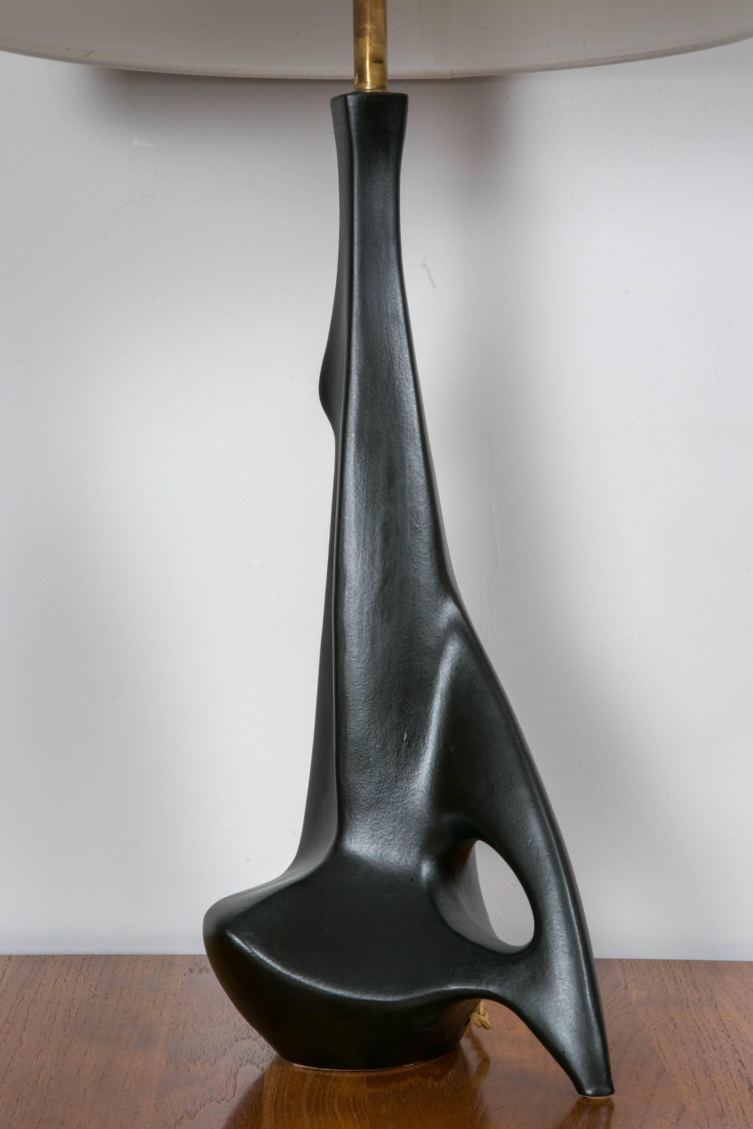 Mid-Century Modern Pair of Black Ceramic Lamps, Signed Pulcinelli for Esperia 