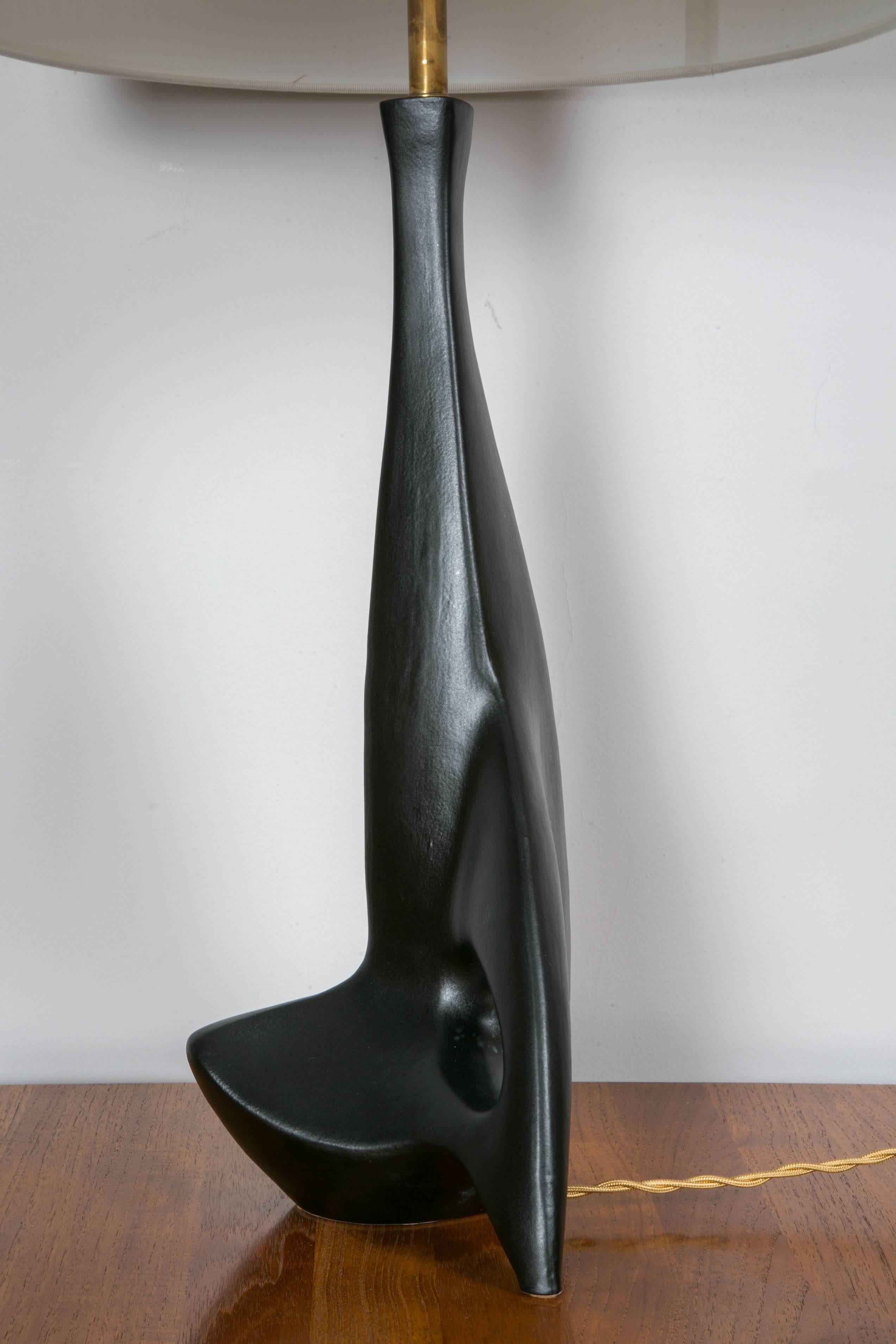 Italian Pair of Black Ceramic Lamps, Signed Pulcinelli for Esperia 