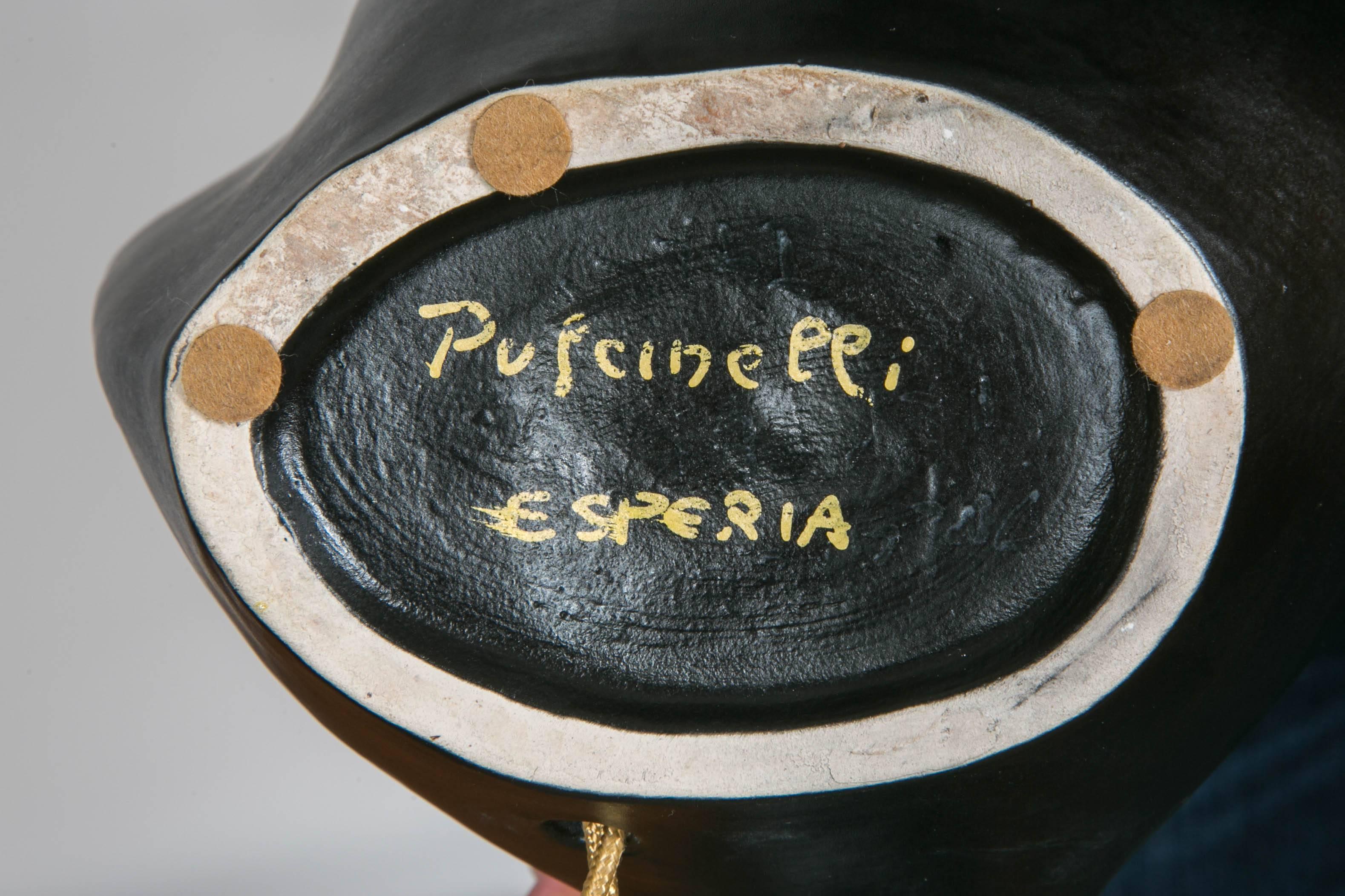 Brass Pair of Black Ceramic Lamps, Signed Pulcinelli for Esperia 