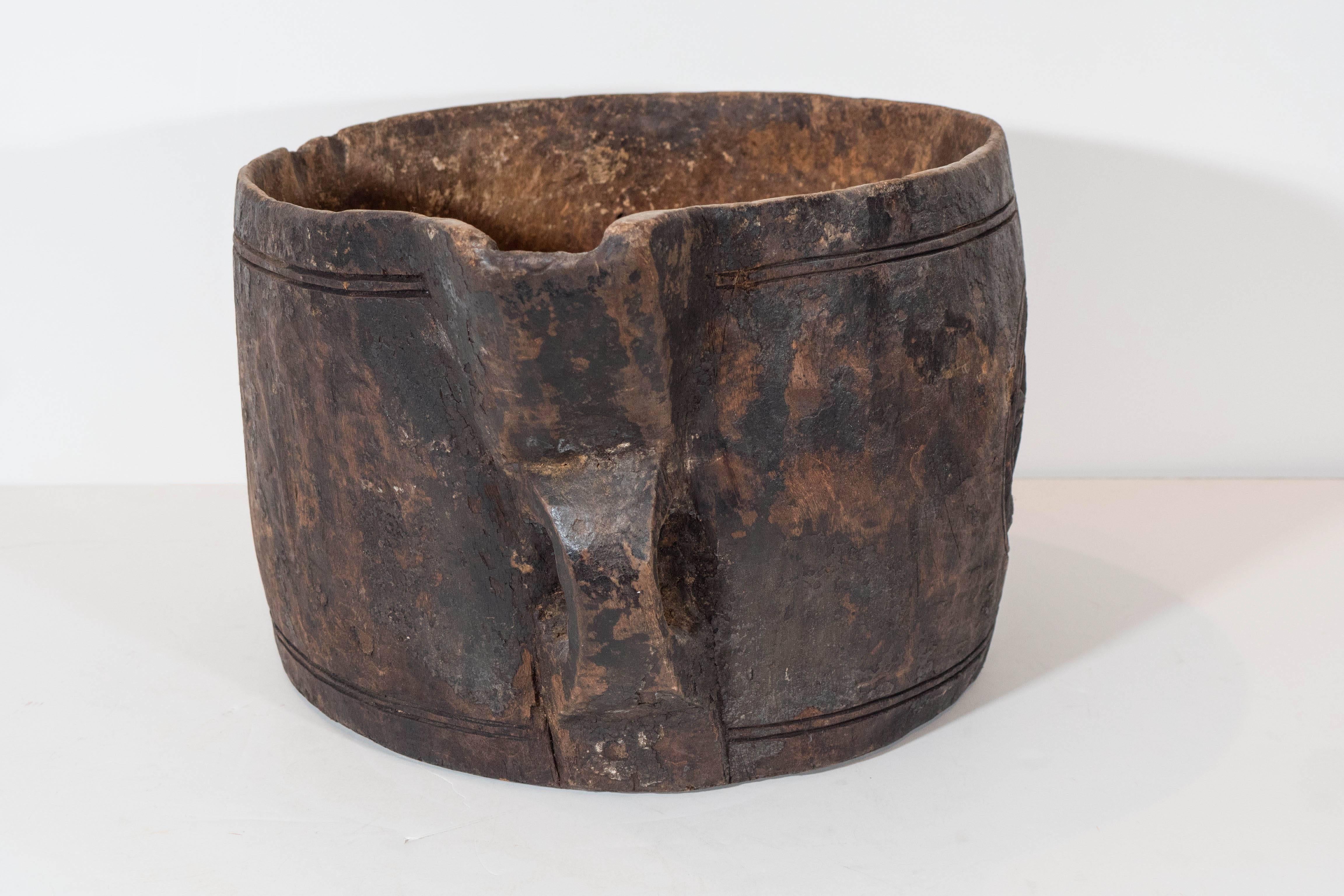 Primitive Bucket Carved from Solid Piece of Wood 1