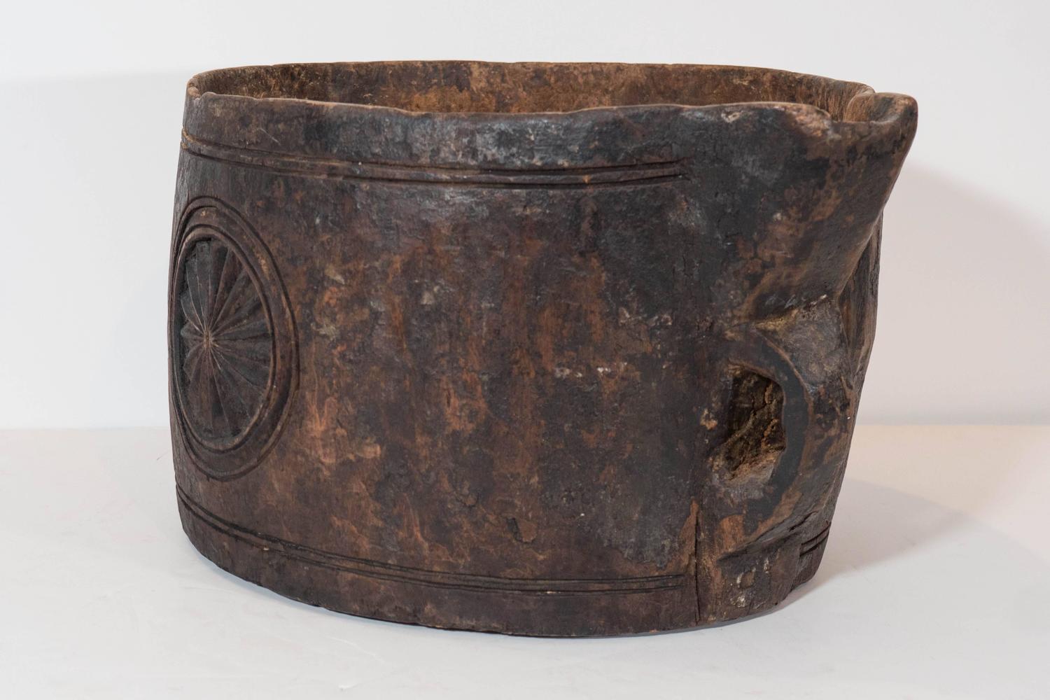 Primitive Bucket Carved from Solid Piece of Wood at 1stdibs