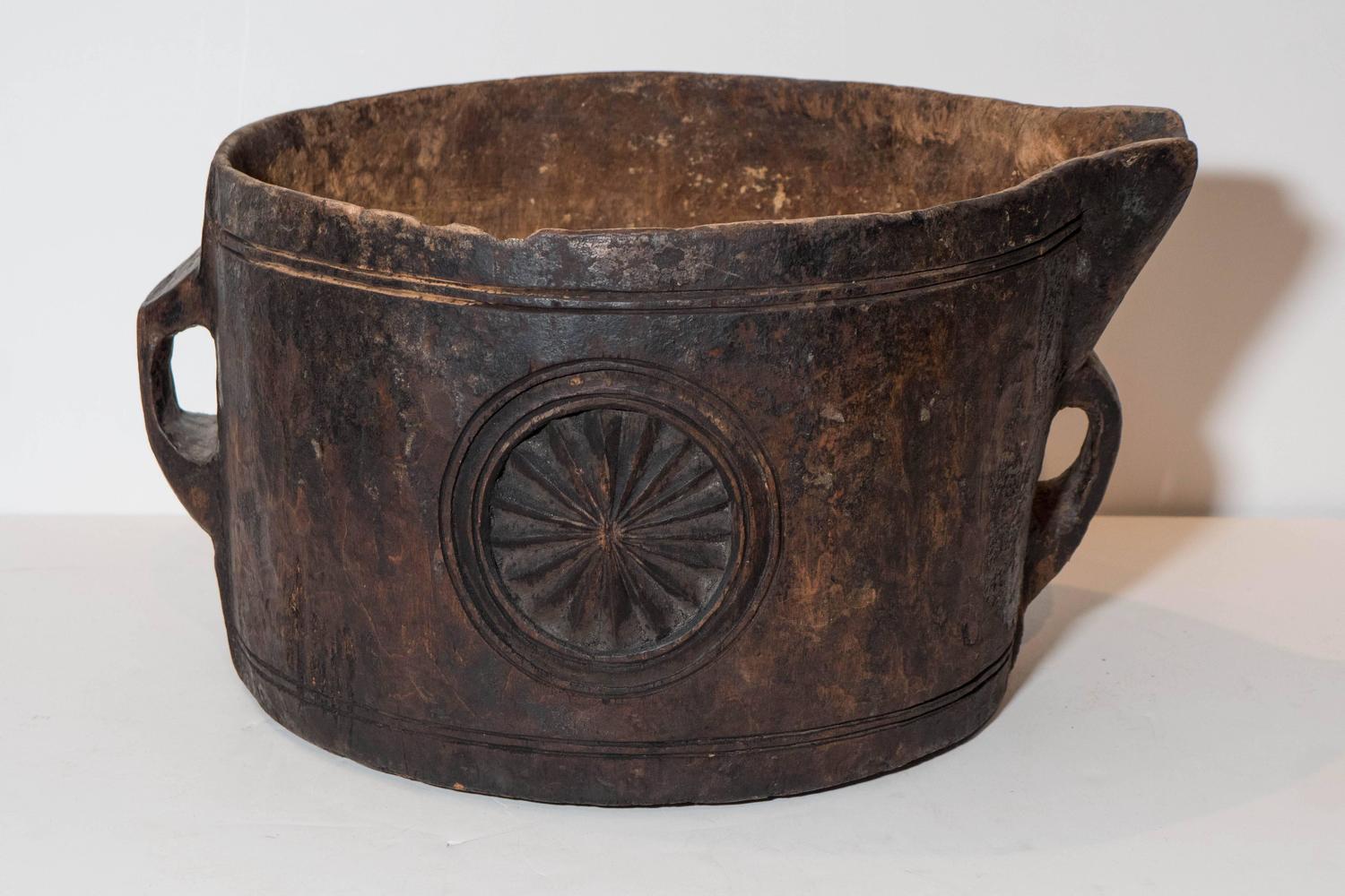 Primitive Bucket Carved from Solid Piece of Wood at 1stdibs
