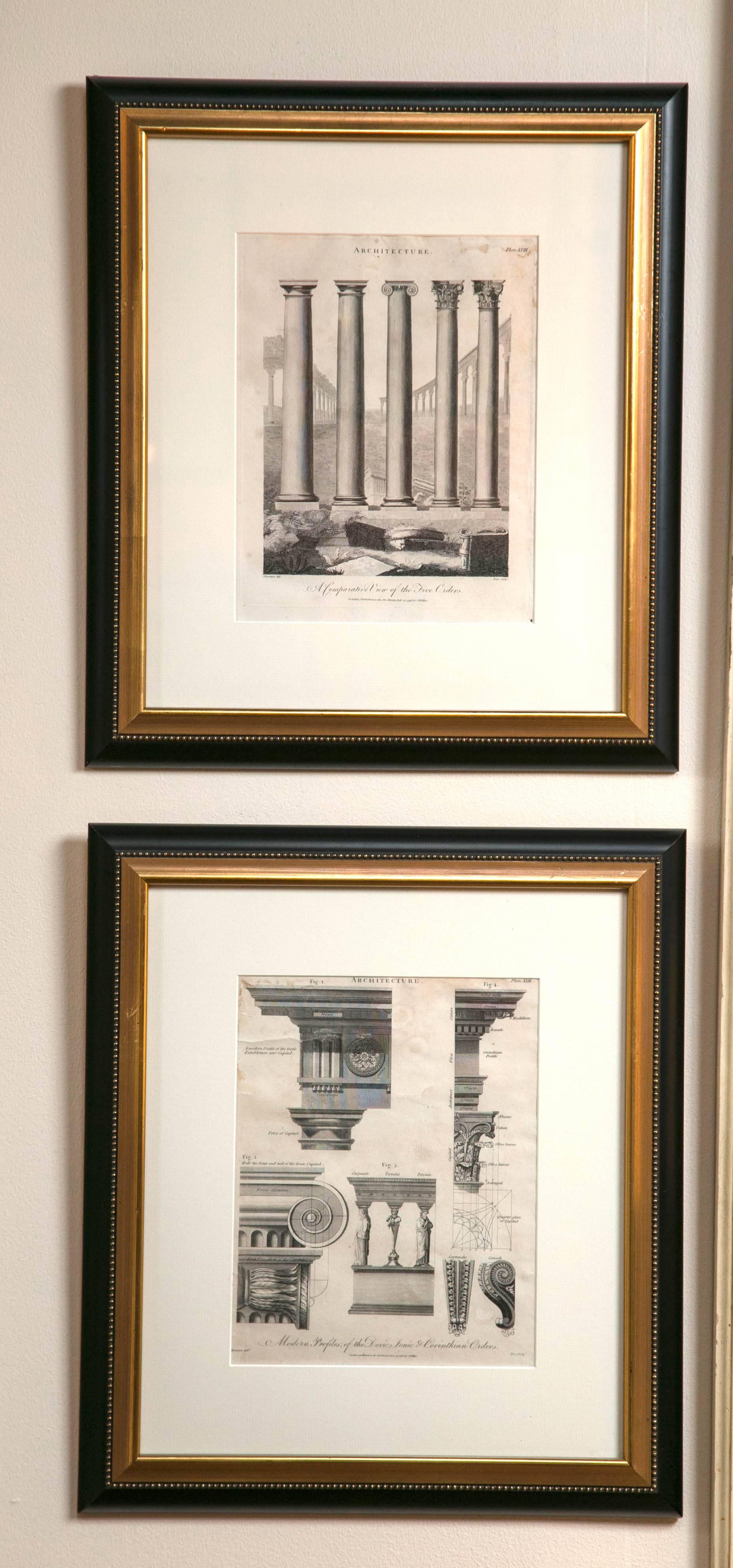 Pair of architectural prints, 19th century, London, England. J.Pocker custom frames.