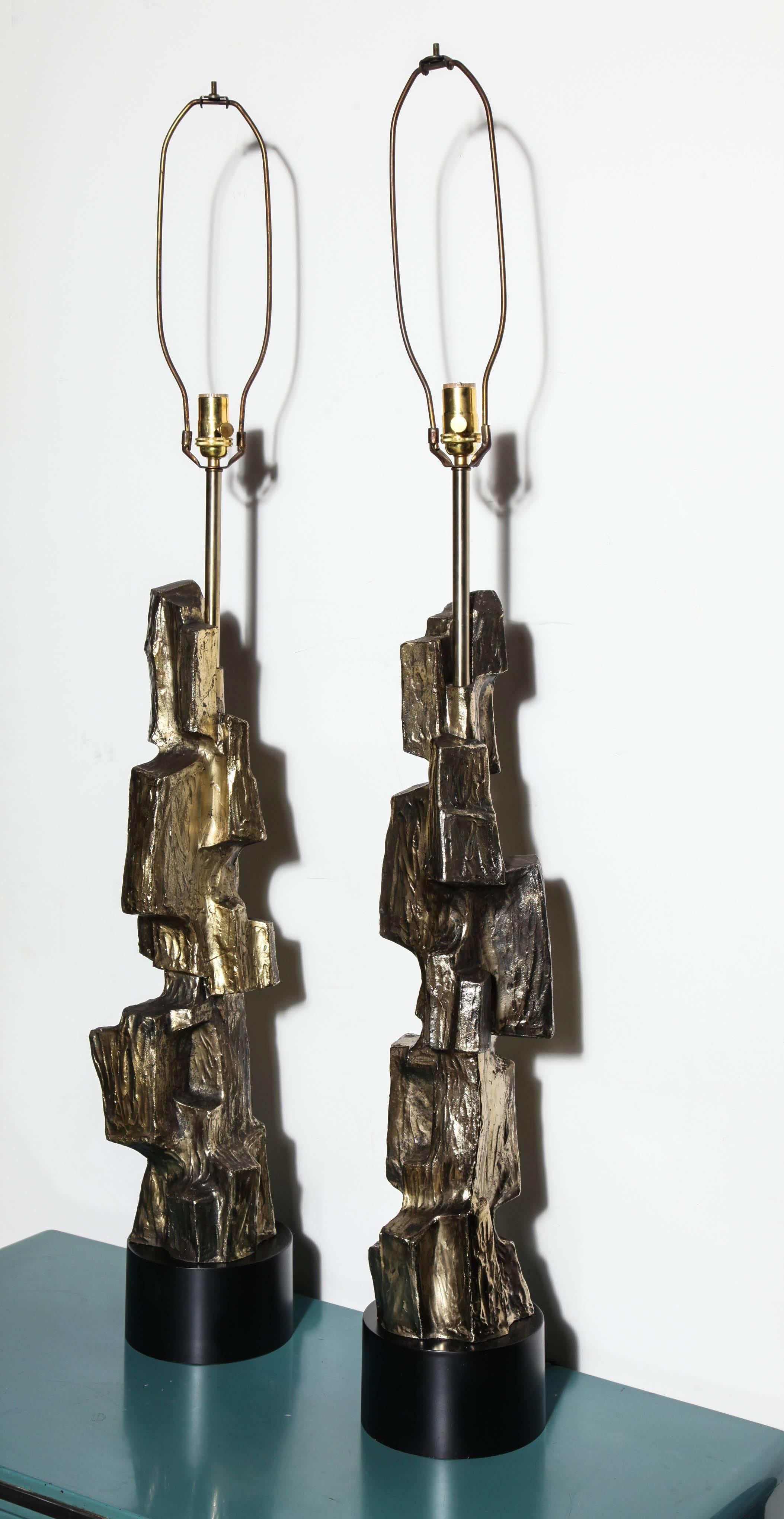 pair of extra-large Maurizio Tempestini for Laurel Bronzed Brutalist Lamps In Good Condition In Bainbridge, NY