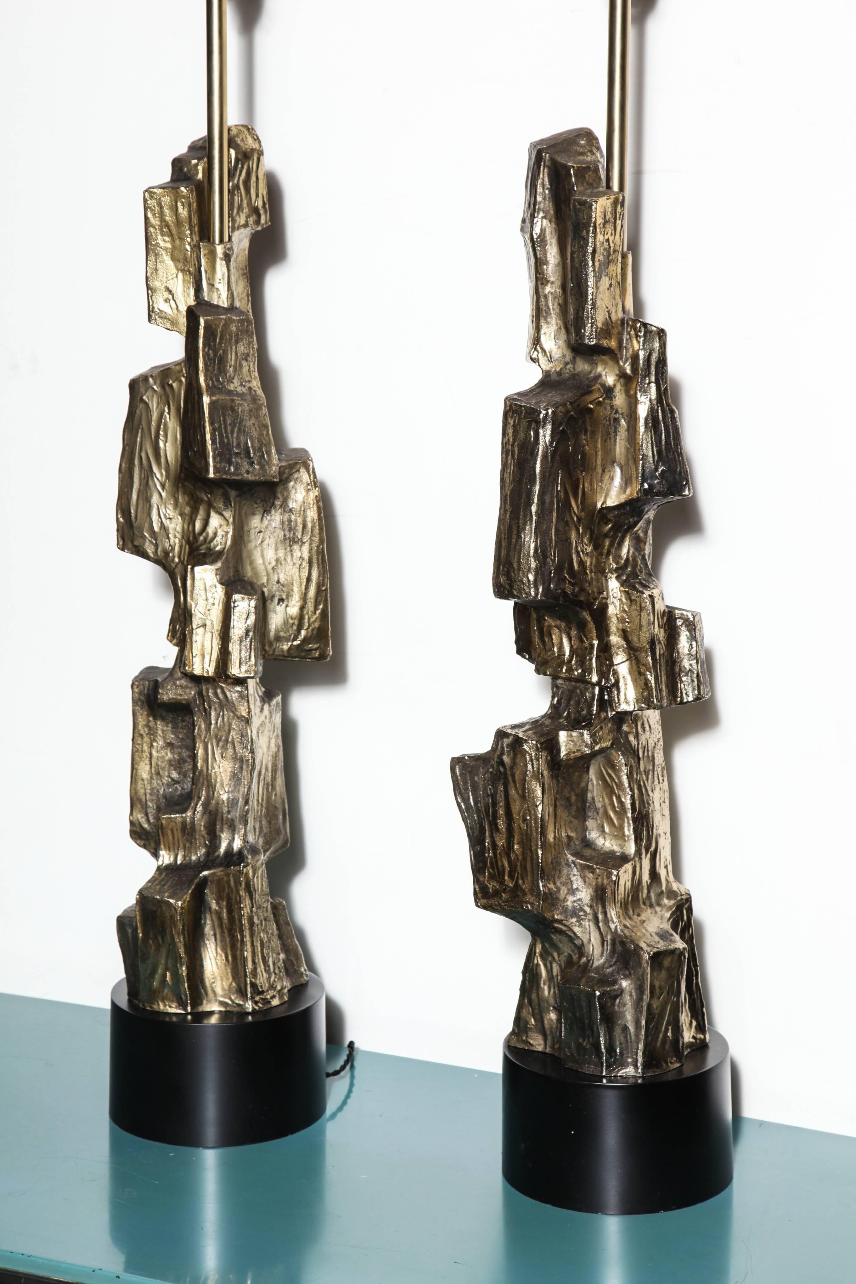 pair of extra-large Maurizio Tempestini for Laurel Bronzed Brutalist Lamps 2