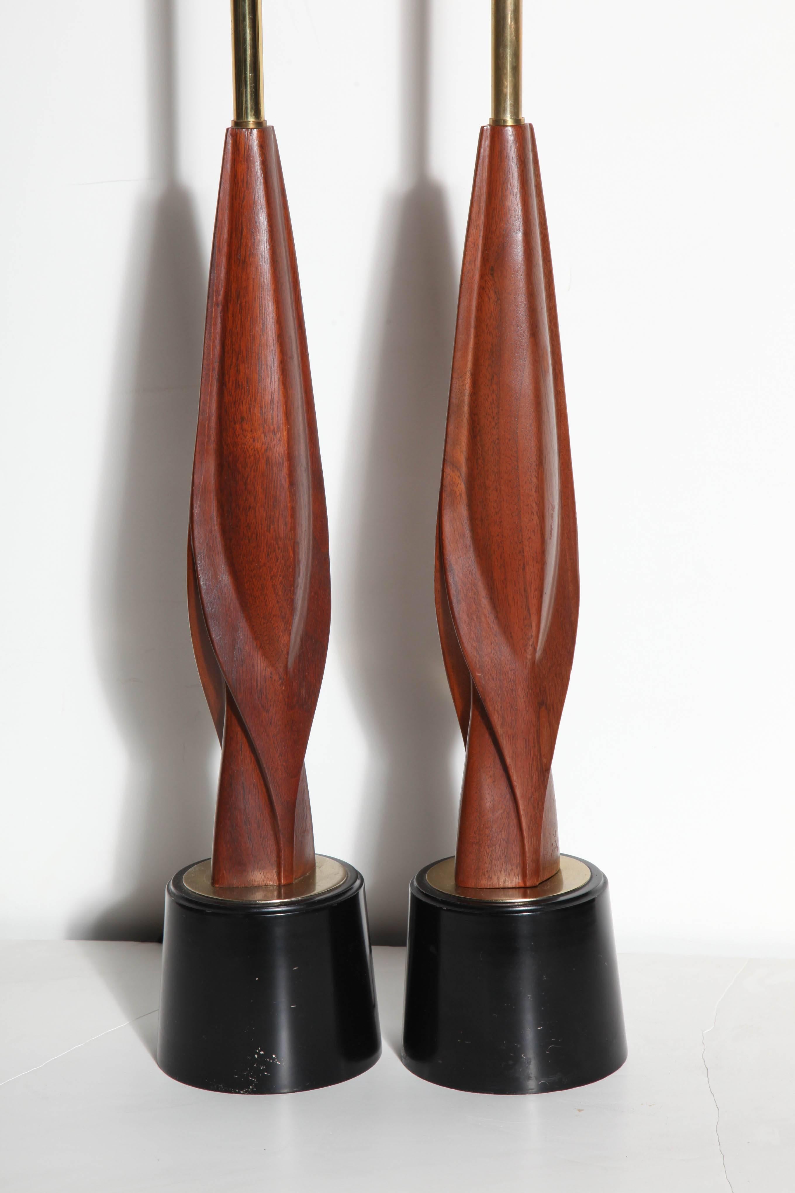 Painted Tall Pair Richard Barr for Laurel Sculptural Walnut & Black Enamel Table Lamps For Sale