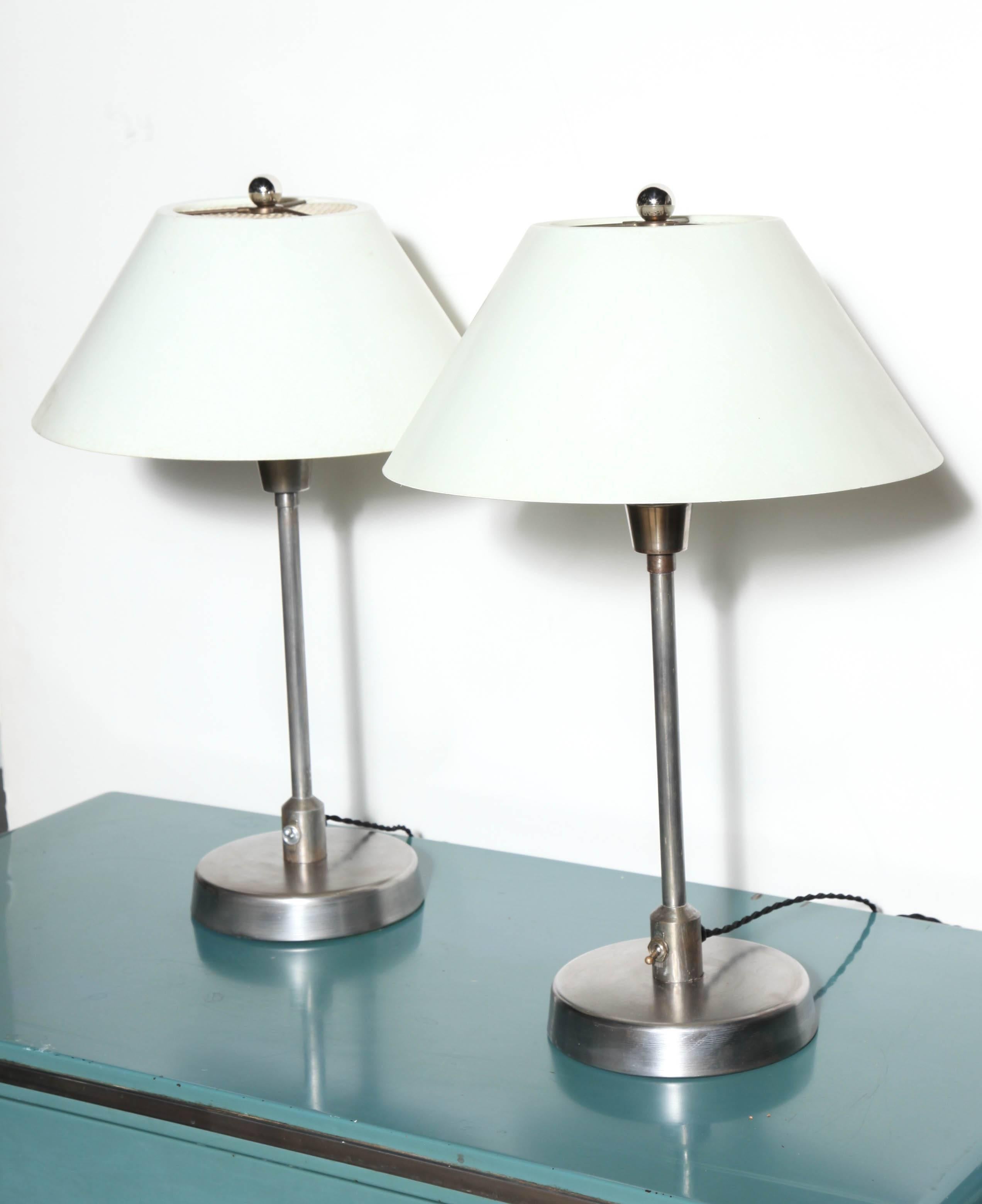 Mid-20th Century Pair of Steel Table Lamps with Cream Fiberglass Shades, 1950's For Sale