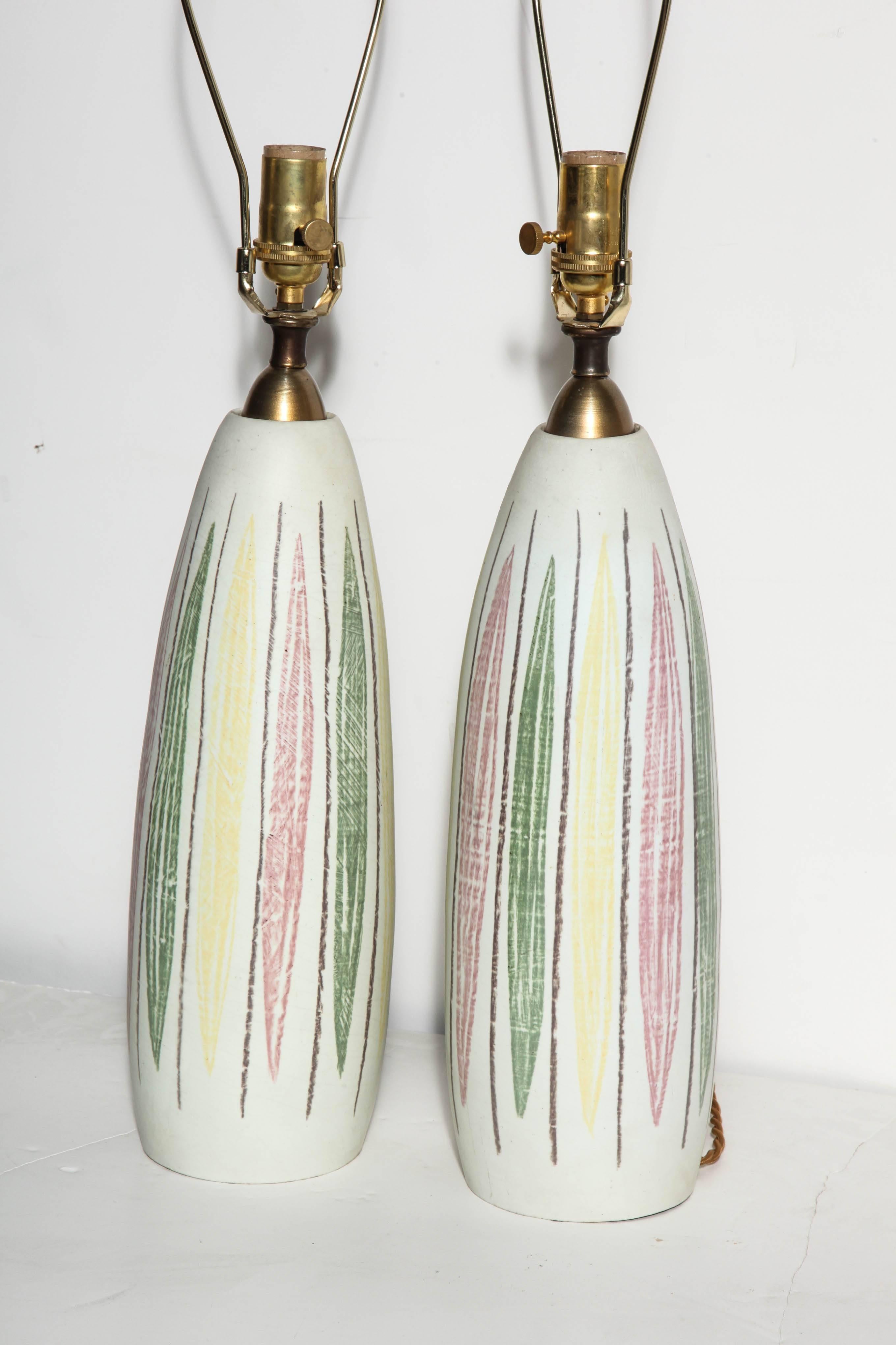 Brass Pair of Handpainted 1950s Italian Ceramic Table Lamps
