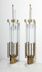 Monumental Pair of Stiffel White, Marble & Brass Candelabra Table Lamps, 1940s