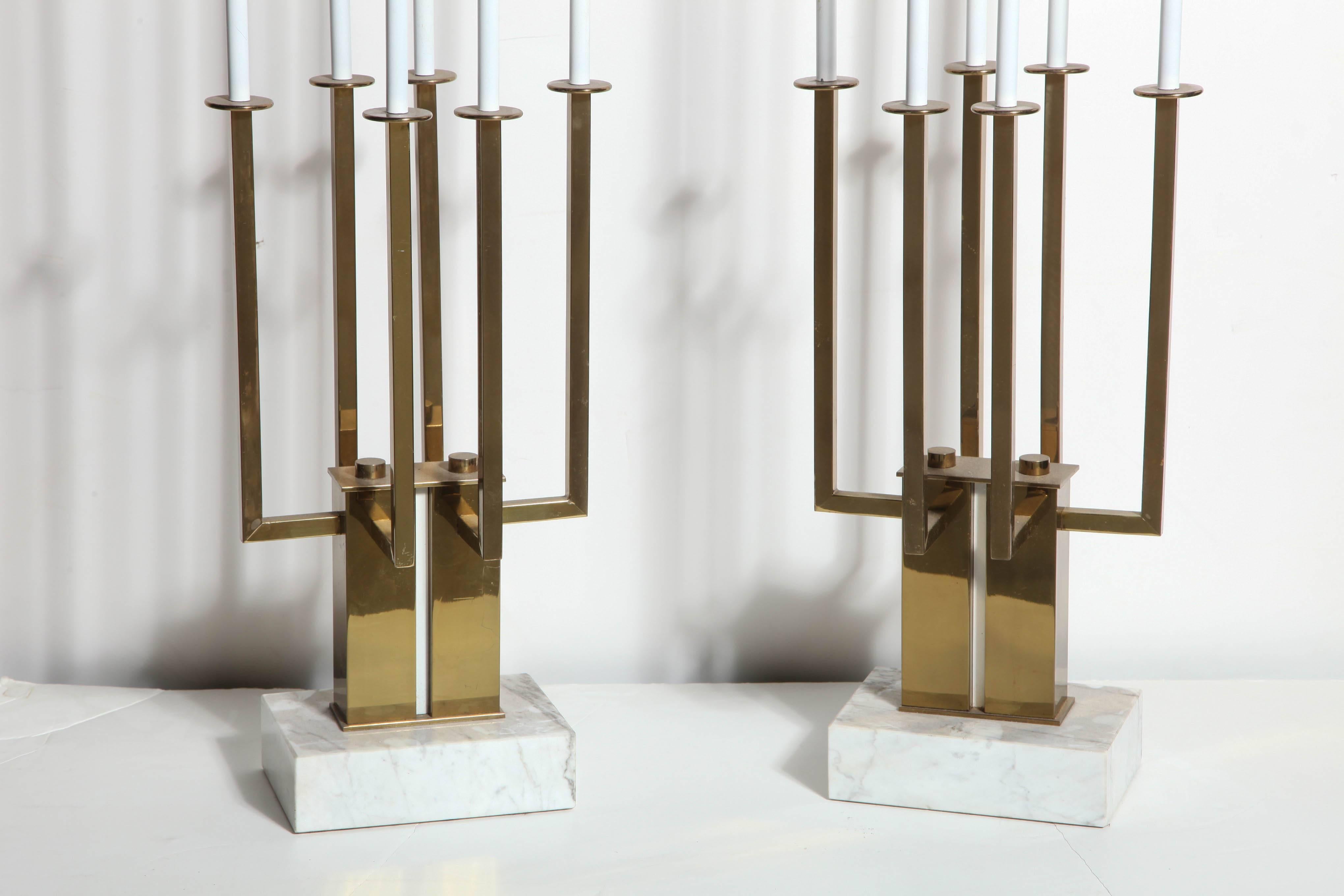 American Monumental Pair of Stiffel White, Marble & Brass Candelabra Table Lamps, 1940s