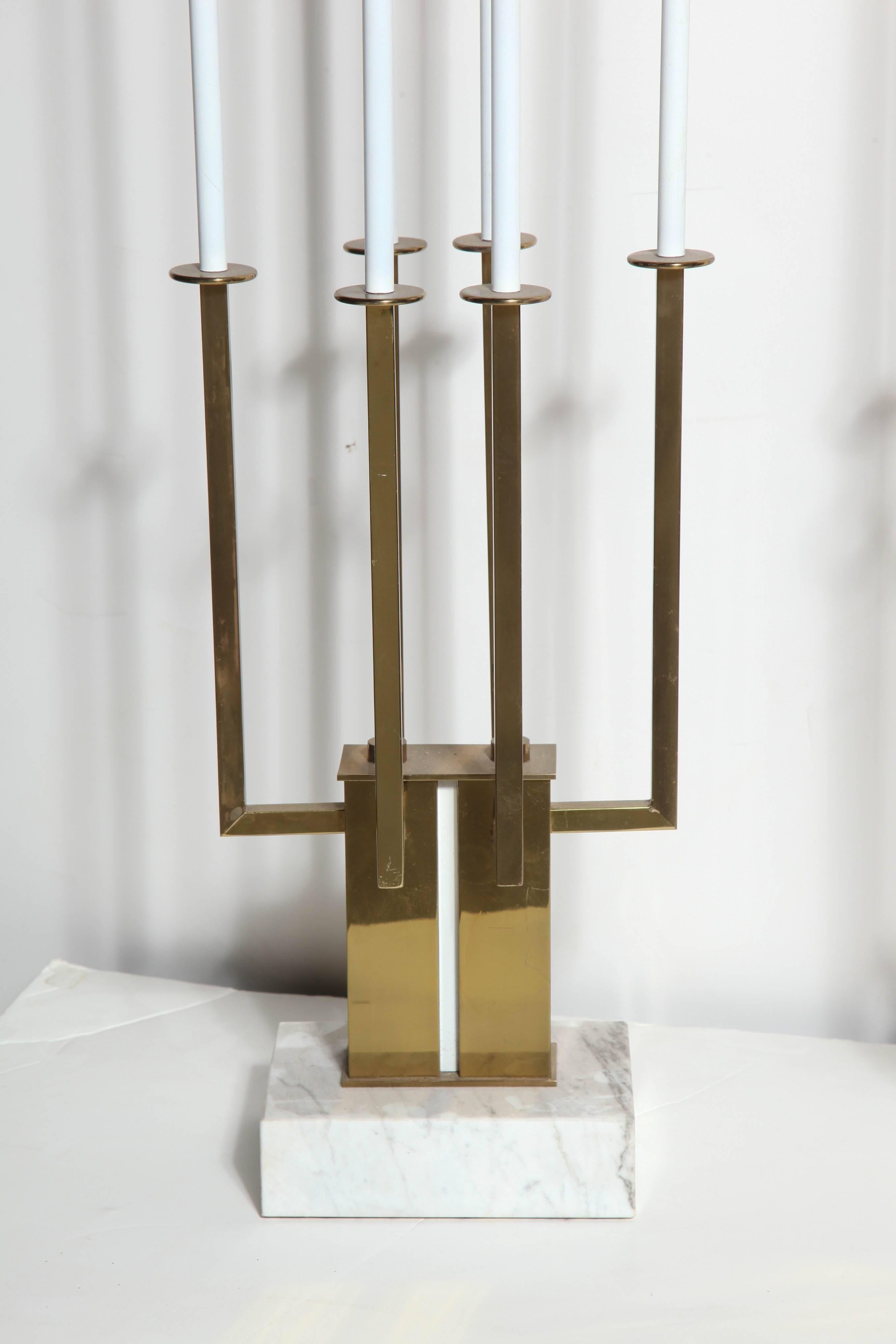 Mid-20th Century Monumental Pair of Stiffel White, Marble & Brass Candelabra Table Lamps, 1940s